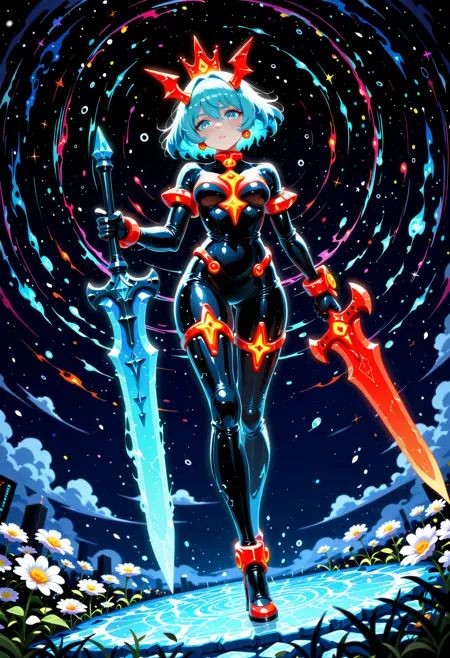 newtraumacore, masterpiece, best quality, dutch angle, dual blade, red fire blade, blue ice blade,, contest winner, Daisies, it is very Melancholy, with Abstract accessories, Dichromatic, hyperdetailed, CMYK Colors, Sci-Fi, Technicolor