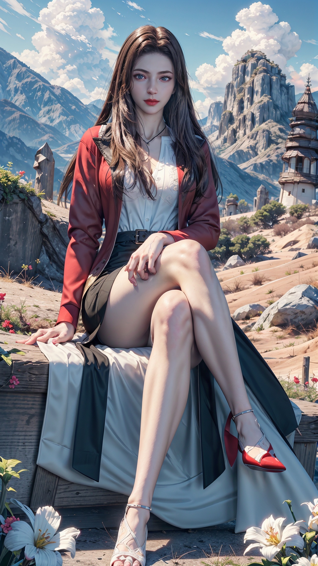 masterpiece,best quality,official art,extremely detailed CG unity 8k wallpaper,realistic,light rays,light particles,1girl,solo,brown_hair,lipstick,red_jacket,long_hair,skirt,lips,black pencil_skirt,red_lips,jacket,looking_at_viewer,breasts,SunLight,Flowers,Outdoors,Hair Ornaments,White Flowers,Vast Open Field,mountain,sky,<lora:【南桥】唐紫尘:0.8>,looking at viewer,cowboy shot,crossed legs,