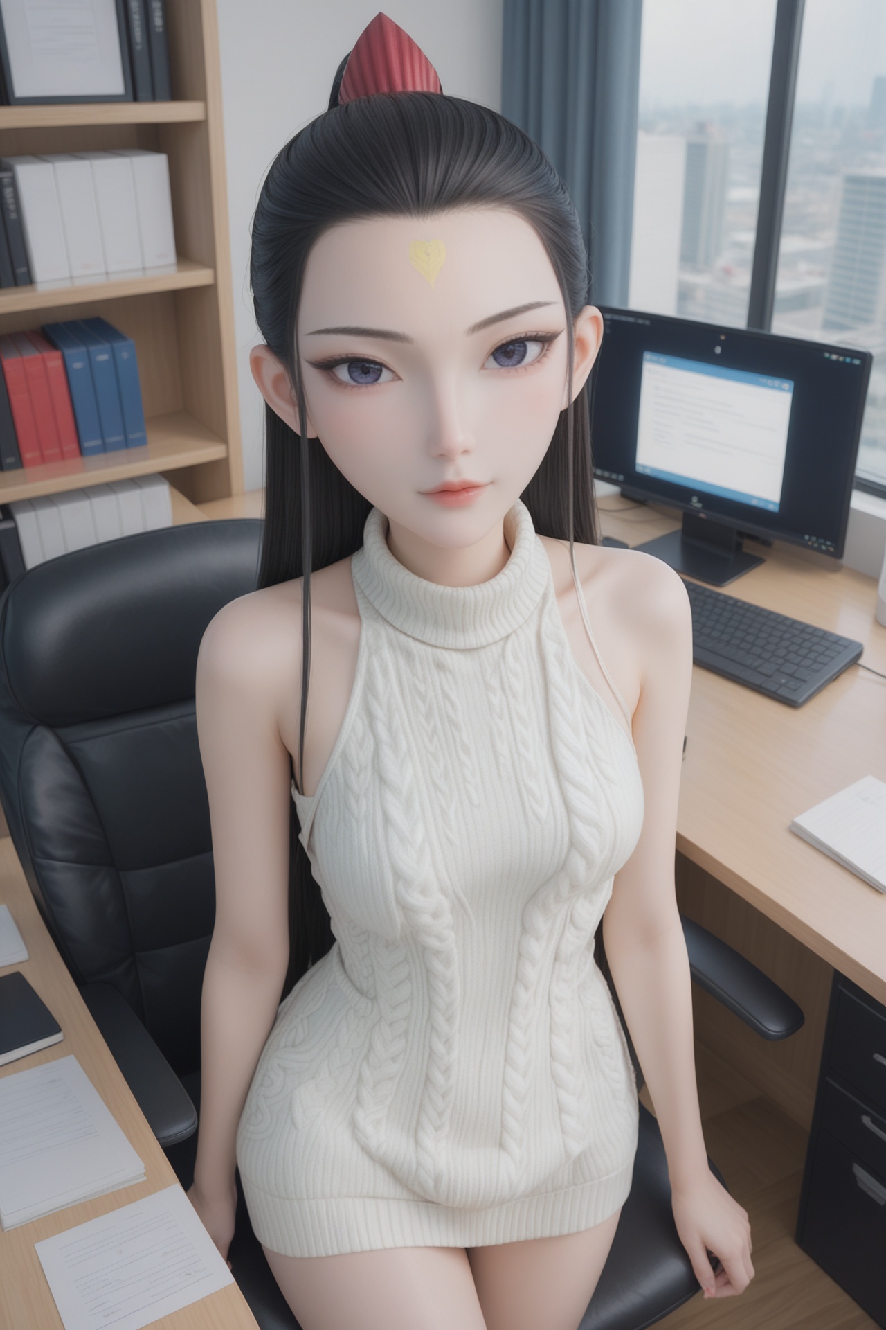 hetong,<lora:hetongXL:0.7>,score_9,score_8_up,source_anime,score_7_up,highly detailed,ultra-high resolution,32K UHD,sharp focus,best-quality,masterpiece,unconventional supreme masterpiece,masterful details,temperate atmosphere,with a high-end texture,in the style of fashion photography,Dynamic Angle,(Dynamic posture:1.1),1girl,medium breasts,long hair,looking at viewer,pale skin,virgin_killer_sweater,forehead mark,office,