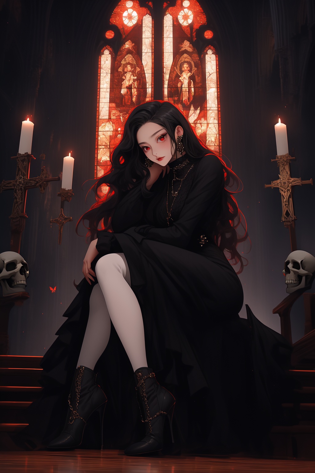 ShenMi,stairs,scenery,clouds,no one,sky,cloudy sky,outdoor,architecture,arches,buildings,railings,towers,windows,candles,Gothic,church,slightly dark,gloomy,dilapidated 1Girl,black hair,long hair,solo,jewelry,boots,black shoes,skull,earrings,pantyhose,sitting,red eyes,white background,long sleeves,looking at the audience,high heels,high heels,black pantyhose Liu Hai,extra long hair,fluffy sleeves,full body,chair,simple background,dress,black shirt,chain,closure,insect,book,fluffy long sleeves,black dress,butterfly,hug,cross legged,gothic style,<lora:ShenMi7:0.8>,