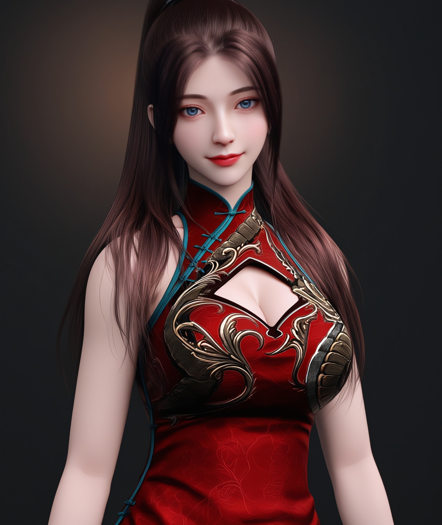 (score_9),masterpiece,best quality,absurdres,highres,upper body,(white_skin),(Ivory_skin),light_skin,BREAK1girl,solo,<lora:唐紫尘-ill-000009:0.82>,htzc,igh ponytail,long hair,brown hair,blue eyes,light smile,(looking at viewer),(front view),light blush,bare shoulders,clothing cutout,cleavage cutout,bracelet,china dress,(red_china dress),thigh strap,short shorts,(large teardrop breasts),(large breasts),BREAK(Cinematic Lighting:1.1),simple background,black background,