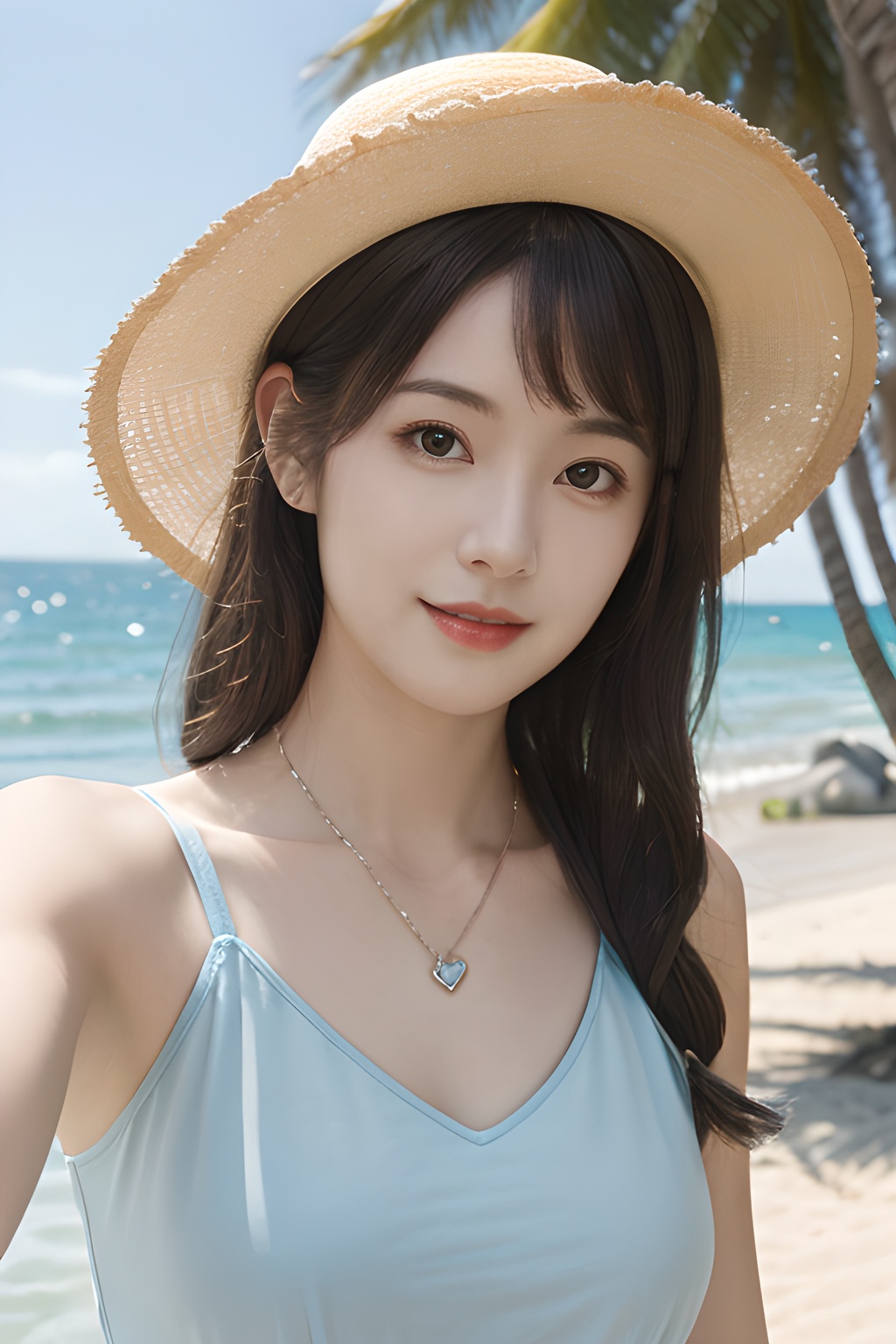 <lora:0805_04:0.7>, <lora:SDXLrender_v2.0:0.8>,mugglelight, araffe girl with long hair wearing a straw hat and blue dress, 1girl, solo, hat, straw hat, long hair, looking at viewer, necklace, jewelry, heart necklace, smile, heart, brown hair, bangs, day, beach, outdoors, upper body, black hair, sunlight, closed mouth, swimsuit, selfie, sky, ocean,, 1girl,realistic,masterpiece, best quality, photorealistic, HDR,detail