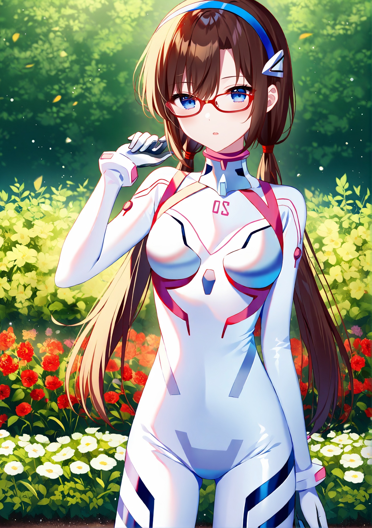 (masterpiece), (best quality), illustration, ultra detailed, hdr, Depth of field, (colorful),[rimuu:0.6, sheya:0.5,haneru,]Evasuit08,plugsuit,white bodysuit,1girl,low twintails,brown hair,blue eyes,makinami mari illustrious,glasses, standing,garden,<lora:Eva08XLAni3:1>