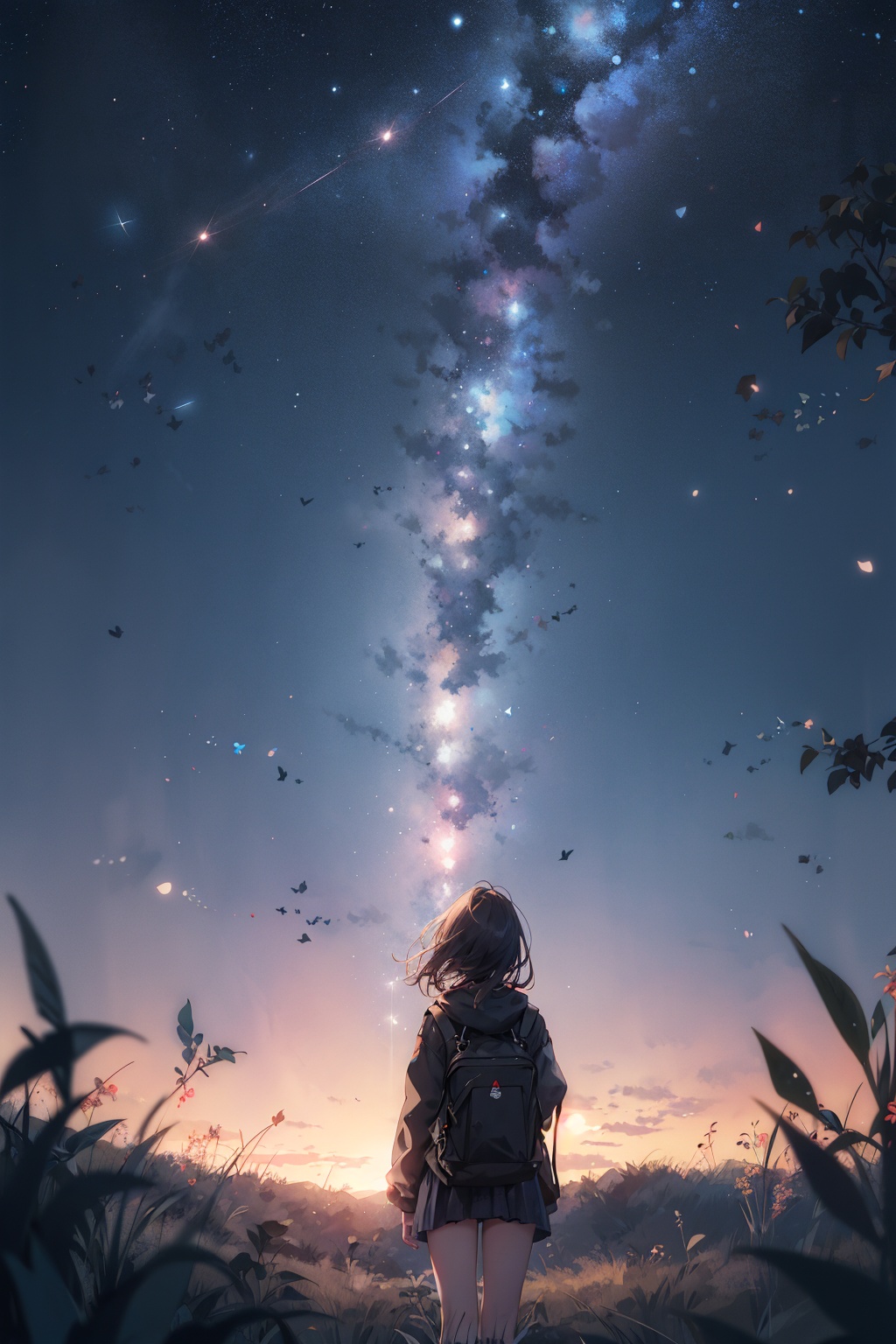 masterpiece,best quality,from behind,your name,1girl,solo,far away,silhouette,grass,nature,open field,landscape,night,shooting star,starry sky,