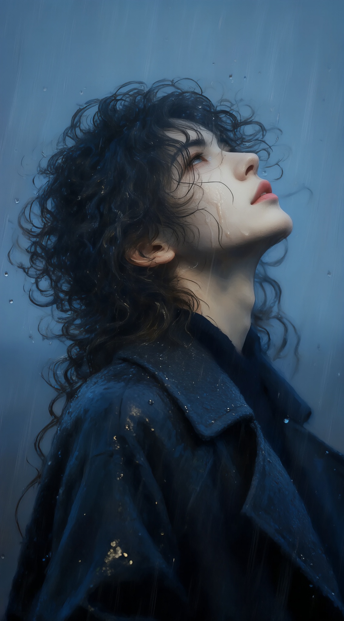 a digital illustration shoot from a profile camera angle about a portrait of a young woman with curly black hair,standing in the rain,looking up with a serene expression,the image also shows water droplets on her face and hair,creating a moody atmosphere,on the middle of the image,a 1woman,who appears to be in her early twenties,with short,curly dark hair and a slim body,wearing a dark blue coat,she is facing the viewer,with her eyes closed,and her expression is serene,her lips are parted,and she is wearing a black coat,the background is a gradient of light blue to dark blue,with raindrops visible on the glass,the overall mood is moody and melancholic,with a focus on the womans expression and wet hair,, Negative prompt: ng_deepnegative_v1_75t,(badhandv4:1.2),EasyNegative,(worst quality:2),,nsfw, Steps: 30, Sampler: Euler, CFG scale: 4.0, Seed: 843261693, Size: 1142x2048, Model hash: 9768b098f7, Model: ZOZ_千问大模型~超强泛化改良版_v1.0.safetensors, Denoising strength: 0, RNG: CPU, Lora 1: ZOZ_厚涂水彩~千问, Lora Hash 1: 68a42c4795, Lora Weight 1: 0.8, vae_name: automatic