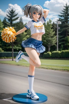 ((HRD, HUD, 8K)),((masterpiece, best quality)), highly detailed,1girl, skirt, solo, pom pom (cheerleading), socks, yellow skirt, shirt, outdoors, white shirt, short hair, white socks, white footwear, blue eyes, kneehighs, pleated skirt, short sleeves, midriff, navel, blurry, day, shoes, breasts, looking at viewer, standing on one leg, standing, cheerleader, miniskirt, full body, blurry background, sneakers, grey hair, smile, bangs, medium breasts, sky, blush, multicolored hair, streaked hair, holding,