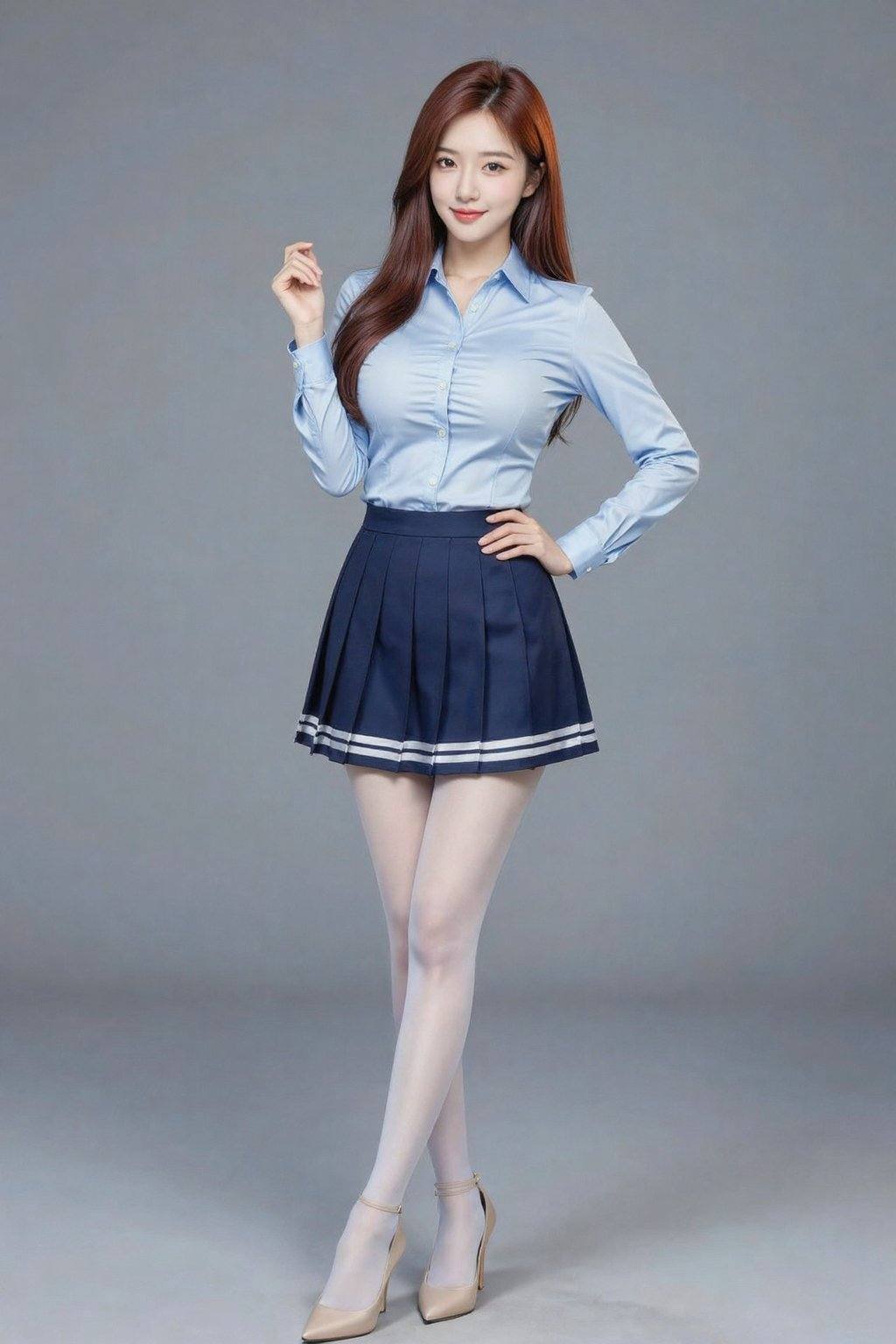 Photograph of a young Asian woman with fair skin and long, straight auburn hair, standing against a plain gray background. She wears a light blue, long-sleeved button-up shirt, tucked into a short, pleated navy blue skirt with white stripes at the hem. She has on sheer white pantyhose and beige high-heeled shoes with ankle straps. Her right hand is raised near her shoulder, while her left hand rests on her hip, giving a confident pose. She has a subtle, friendly smile and a slim, elegant build. The lighting is soft, highlighting her outfit and creating a smooth, polished look.