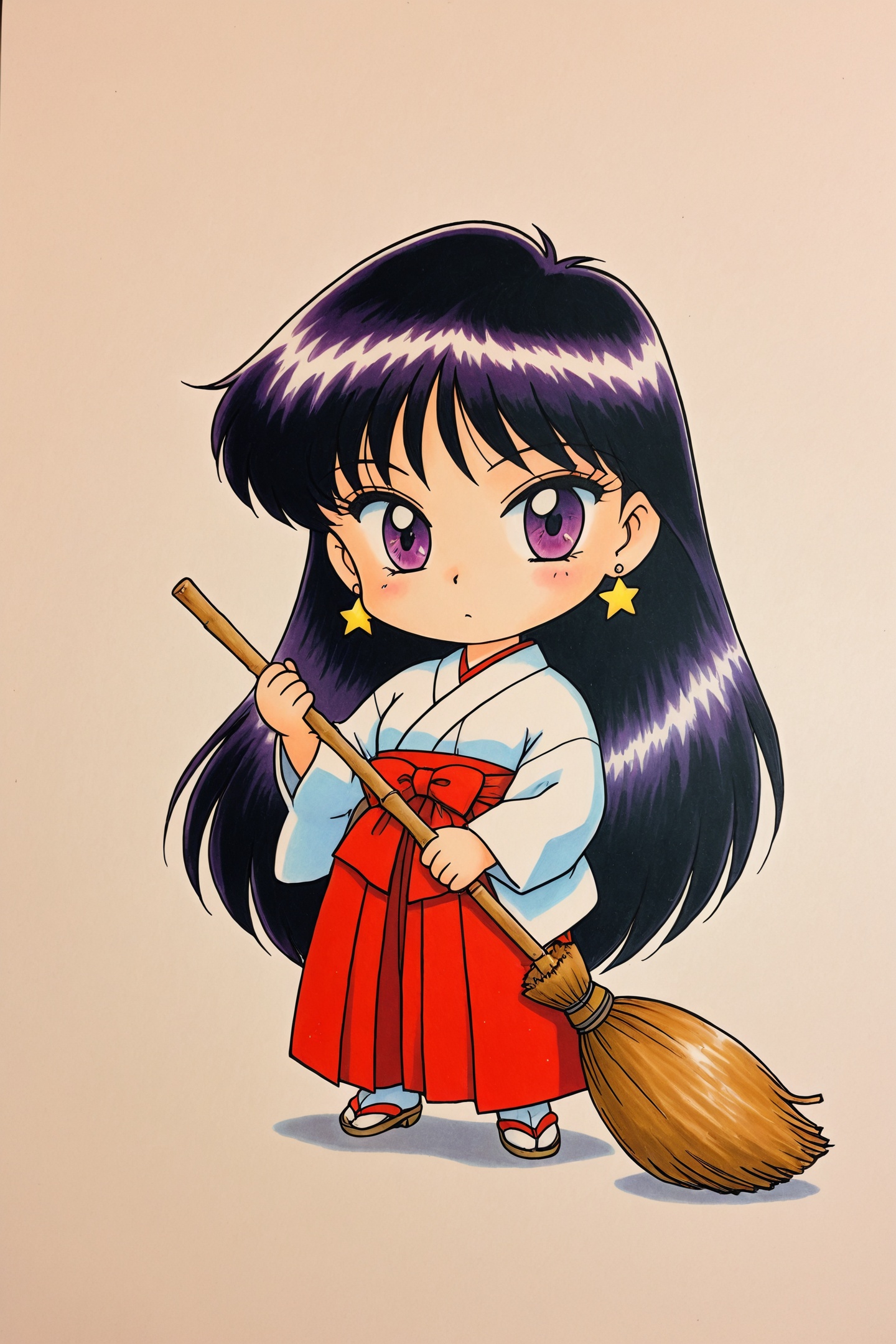 Juu Kuroinu Style,1girl,solo,hino rei,1girl,solo,long hair,black hair,japanese clothes,miko,star earrings,broom,red hakama,hakama skirt,very long hair,traditional media,full body,chibi,<lora:black dog chibi_illustriousXL:1>,