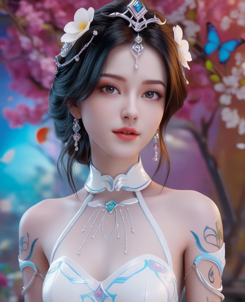 <lora:613-DA-XL-神印王座-白玥:0.8>(,1girl, ,best quality, ),looking at viewer,  ,,ultra detailed background,ultra detailed background,ultra realistic 8k cg,, ,masterpiece, (( , )),ultra realistic 8k cgSurrounded by strange, movie perspective, advertising style, Colorful background, splash of color A beautiful woman with delicate facial features,tattoo all over body, flower arms,