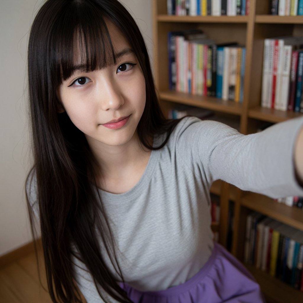 This photograph features an East Asian woman with long,  straight,  dark brown hair and bangs on Tensor.Art