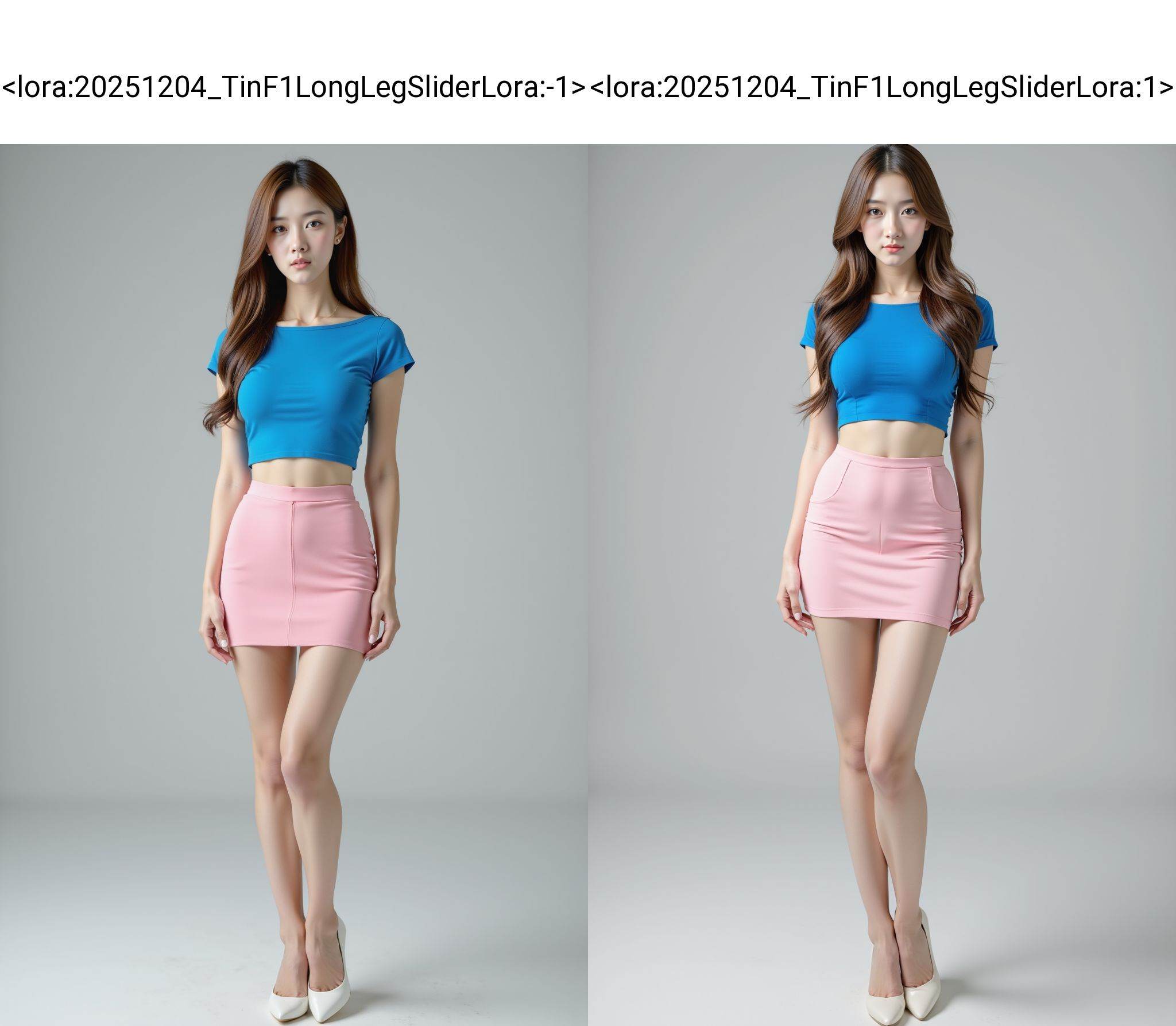 HDR photo of cinematic film still,  A young woman with long brown hair wearing a short blue boatneck and pink super short...