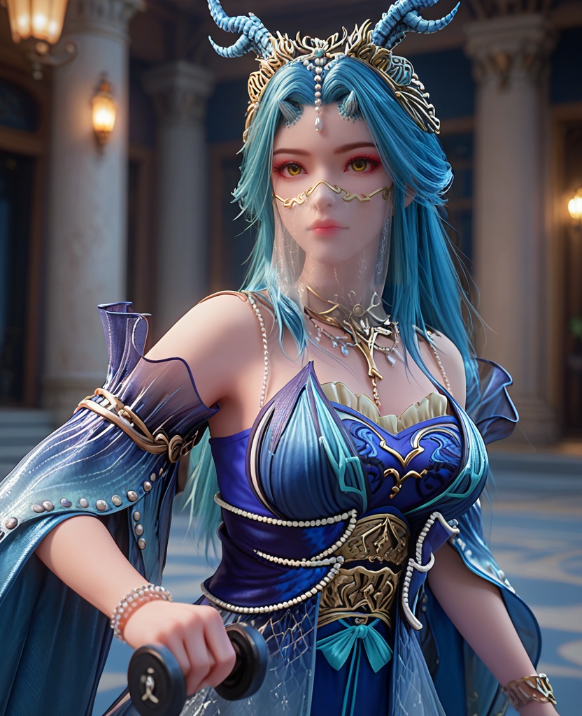 (oriental architecture, elegant decor, sophisticated style:1.1),having a workout at the gym,dumbbell,(breasts:1.2),<lora:XL完美世界龙女:0.9>,miss longnv,solo,blue dress paired with a beads tight corset,blue dress,mouth veil,detached sleeves,blue hair,horns,red eyeshadow,yellow eyes,jewelry,long hair,bracelet,see-through overskirt,necklace,, zPDXL2, score_9, score_8_up, score_7_up BREAK realistic, masterpiece,best quality, highly detailed,, zPDXL3, zPDXL2,zPDXL, zPDXLxxx, zPDXLrl,