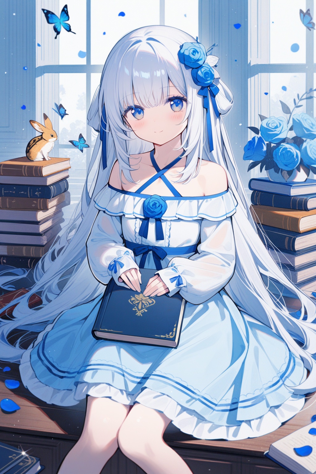 1girl,solo,long hair,looking at viewer,blush,smile,bangs,blue eyes,hair ornament,long sleeves,dress,ribbon,bare shoulders,sitting,very long hair,closed mouth,collarbone,hair ribbon,flower,white hair,puffy sleeves,indoors,hair flower,off shoulder,white dress,sleeves past wrists,book,petals,blue dress,rose,animal,halterneck,bug,butterfly,puffy long sleeves,blue flower,on floor,off-shoulder dress,criss-cross halter,blue rose,book stack,blue butterfly,