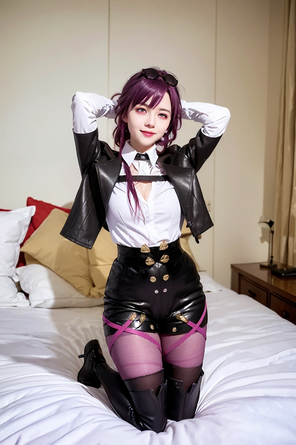 masterpiece, best quality,realistic, (photoshop \(medium\):1.4),<lora:kafka:1>,kafka (honkai: star rail),1girl,solo,eyewear on head,purple hair,long hair, purple eyes,purple gloves,black jacket,white shirt, collared shirt,long sleeves,black shorts,purple pantyhose, thigh boots, black footwear,smile, looking at viewer, seiza, arms behind head, eyewear on head, bed,full body,eyewear on head,