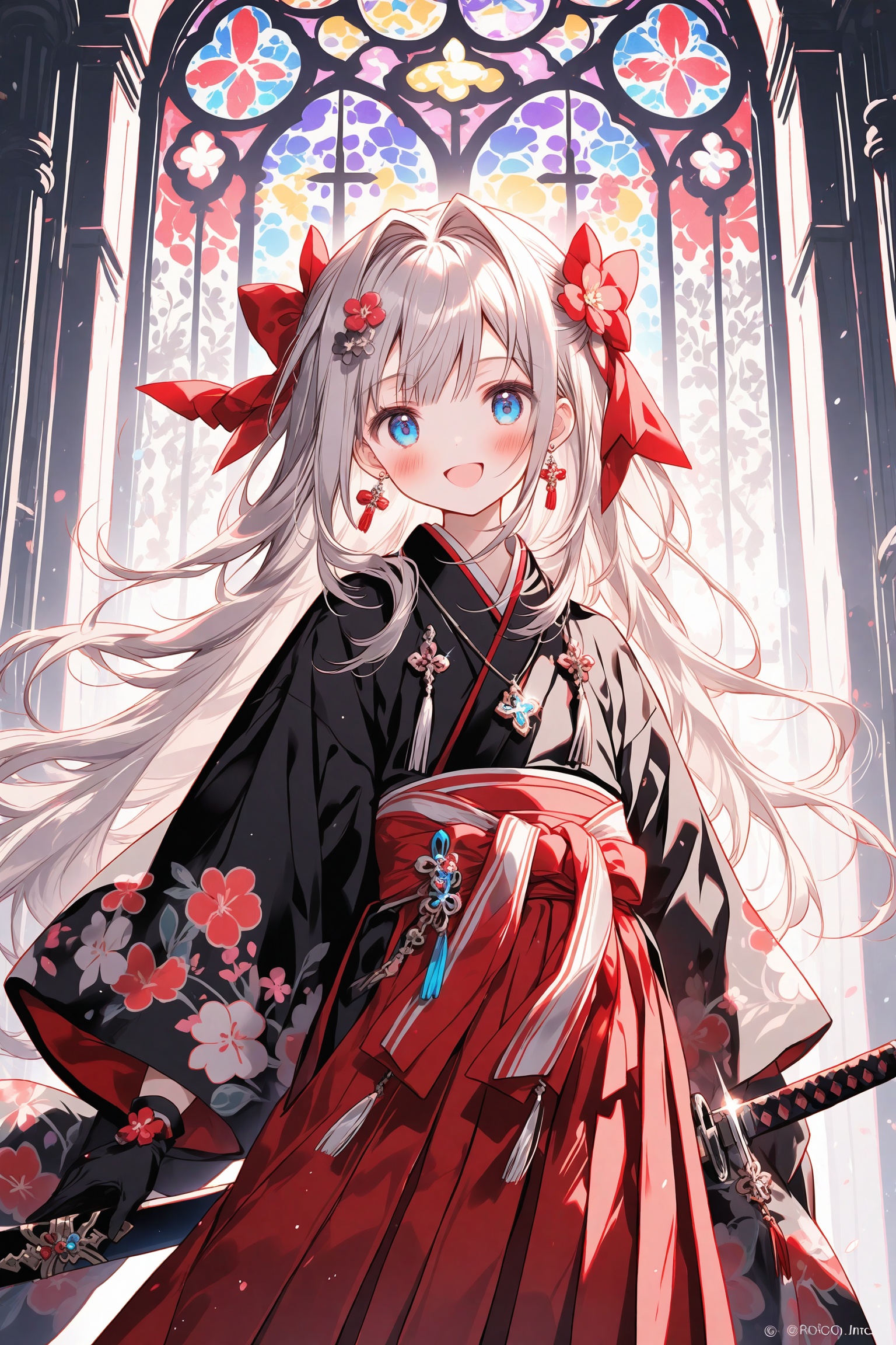 loli 1girl solo weapon blue eyes sword long hair hair ornament gloves japanese clothes holding weapon hair flower flower sheath black gloves holding bow looking at viewer cross holding sword hair bow unsheathing kimono smile stained glass glint watermark floral print standing indoors wide sleeves company name open mouth jewelry long sleeves hakama skirt holding sheath grey hair hakama skirt red bow gun earrings red skirt sidelocks katana twitter username cross earrings cross necklace :d white hair cowboy shot sheathed ribbon hair intakes holding gun hair ribbon very long hair red hakama necklace copyright name black kimono tassel sash artist name,<lora:lp23-000051:0.8>,
