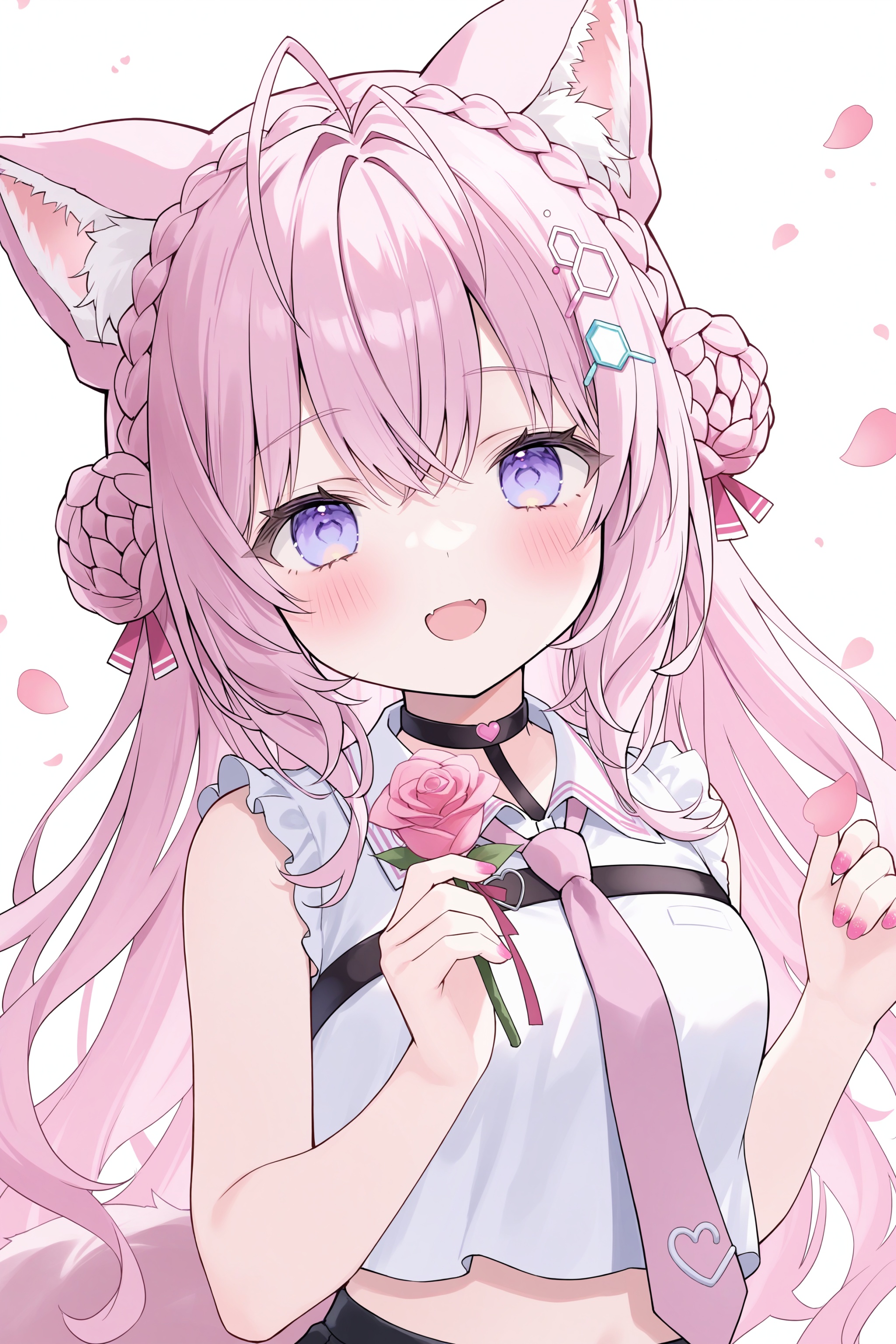 quality,amazing quality,very aesthetic,absurdres,1girl,loli,virtual youtuber,solo,animal ears,hakui koyori,pink hair,looking at viewer,long hair,flower,fang,braid,animal ear fluff,choker,blush,necktie,shirt,hair bun,white shirt,open mouth,holding,bangs,wolf ears,crown braid,sleeveless,hair ornament,upper body,smile,blue eyes,black choker,pink nails,antenna hair,purple eyes,petals,rose,nail polish,tail,pink flower,sleeveless shirt,hair between eyes,:d,white background,