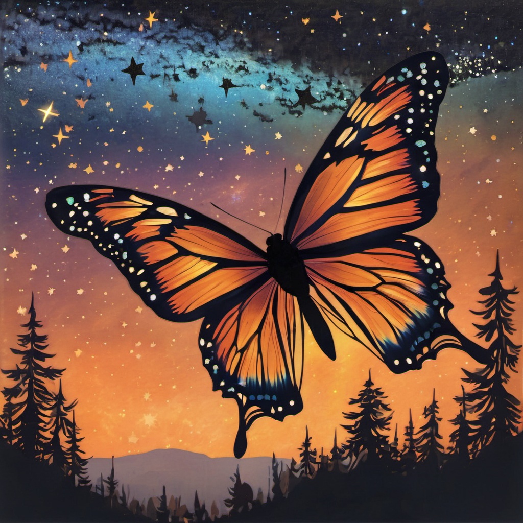<lora:ukiyo-e_xl:1>,outdoors,wings,sky,no humans,butterfly,nature,scenery,forest,sunset,silhouette,butterfly wings,star \(sky\),starry sky,a brightly colored fluorescent butterfly with wings showing a cosmic scene and a black body,the upper part of the wings is blue like the starry sky and the lower part is orange like the sunset.,the background is dark which possibly representing a tree or a rocky surface and is adorned with sparkling stars and a bright shooting star,image,translucent material,cosmic scene,galaxy or nebula,dark background,sparkling stars,bright shooting star,