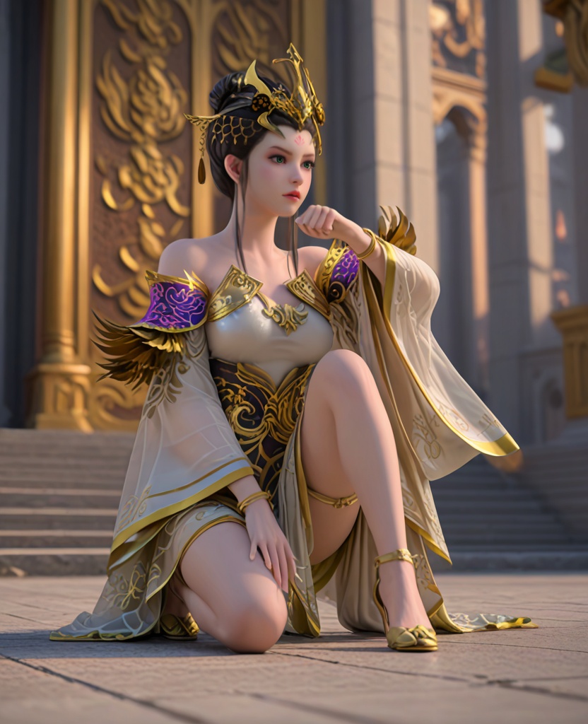 (oriental architecture, elegant decor, sophisticated style:1.1),(Dynamic Landing, One knee on the ground, fist pressed against the ground after a powerful landing,:1.1),(breasts:1.2),<lora:XL雪鹰领主墨阳琦:0.95>,miss moyangqi,white dress,gold trim,hair ornament,forehead mark,hair bun,earlock,black hair,mesh sleeves,green eyes,sash,see-through overskirt,bracelet,, score_9,score_8_up,score_7_up,score_6_up,score_5_up,score_4_up,3d rendering,tag1,tag2, Cinematic Lighting,backlighting,