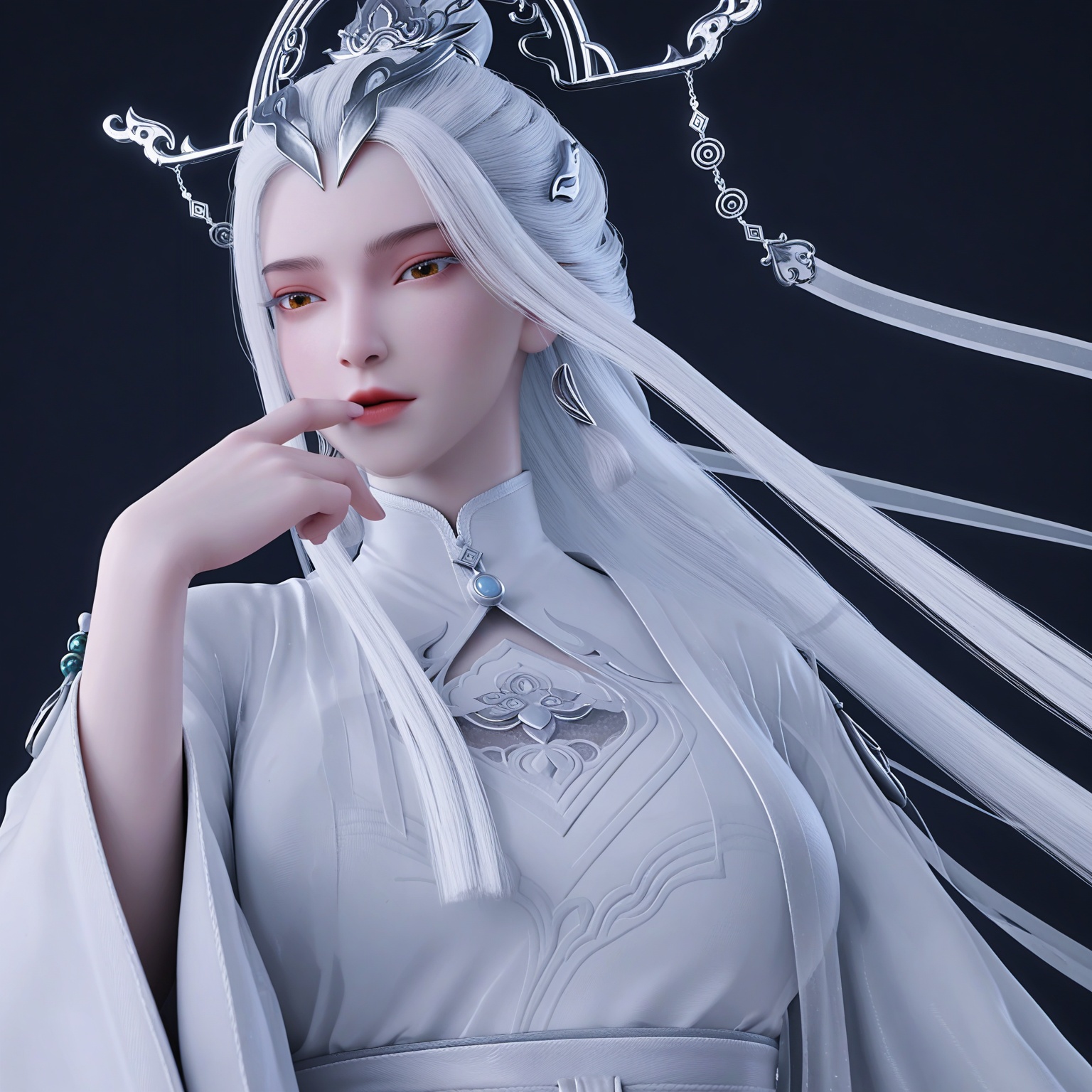 (upper_body:1.1),(huge breasts:0.9),86.<lora:YQponyjianmaV2:0.8>,q1528437228,solo,1girl,white_hair,long_hair,hair_ornament,dress,jewelry,white_dress,long_sleeves,chinese_clothes,earrings,wide_sleeves,brown_eyes,sash,hair_stick,yellow_eyes,hair_bun,hanfu,robe,blue_eyes,crown,kimono,single_hair_bun,red_eyes,braid,obi,tassel,,blush,(looking_at_viewer:1.1),BREAKintricate details,shiny_skin,solo focus,(blurry background:1.1),(depth of field:1.1),perfect_anatomy,(cinematic lighting:0.9),(volumetric lighting:0.9),(simple background,pure black background,black background:1.1),