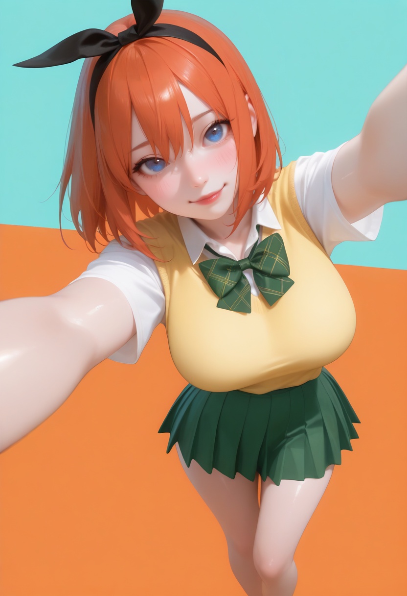 masterpiece,best_quality,(realistic:1.2),photorealistic,amazing quality,very aesthetic,absurdres,vibrant,newest,perfect body,detailled body,fair skin,pale_skin,velvet skin,curvy body,voluptuous body,skindentation,narrow waist,wide hips,full bust,curved silhouette,S-curve body,wide pelvis,slim legs,long legs,wide_shot,perfect hands,extreme aesthetic,masterful details,with a high end texture,in the style of fashion photography,Visual impact,impactful picture,offcial art,simple_background,Baby blue background wall,orange background,(hand close-up,from above,selfie,outstretched arm,foreshortening,reaching towards viewer,looking at viewer,looking up,contrapposto:1.2),head tilt,smug,V,1girl,young woman,solo,bright red lips,knee_blush,<lora:Hoseki_TheQuintessentialQuintuplets_YotsubaNakano_IllustriousXL_v1:1>,y0tsuba,large breasts,orange hair,blue eyes,short hair,hair between eyes,green bow hairband, black blazer, open blazer, yellow sweater vest, white collared shirt, bowtie, plaid bowtie, green skirt, pleated skirt
