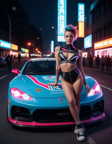 score_9,score_8_up,score_7_up,score_6_up,score_5_up,masterpiece,best quality,realistic,photorealistic,photo \(medium\),absurdres,cinematic,intricate detail,uhd,4k,cyberpunk,race car,streamline design,colorful,vibrant,neon lighting,glowing,1girl,leaning against car,looking at viewer,street,punk style,rebellious,