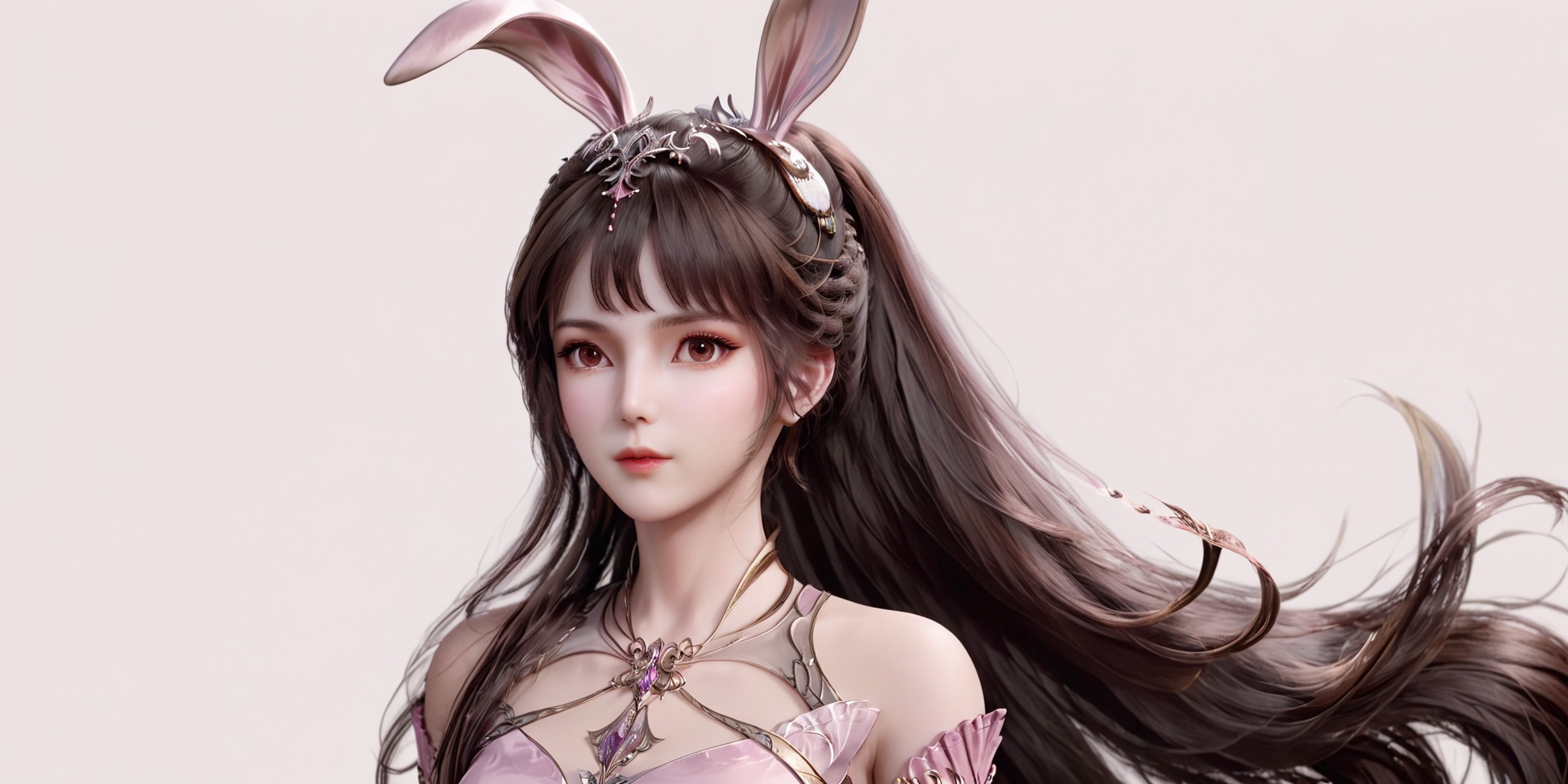 masterpiece,best quality,huge filesize,fantasy,illustration,simple white background,portrait,upper_body,1 woman,(mature_female:1.2),solo,rabbit ears,brown eyes,dress,long hair,pink dress,very long hair,brown hair,ponytail,hair ornament,black hair,collar,<lora:XL小舞成年2.0:0.7>,
