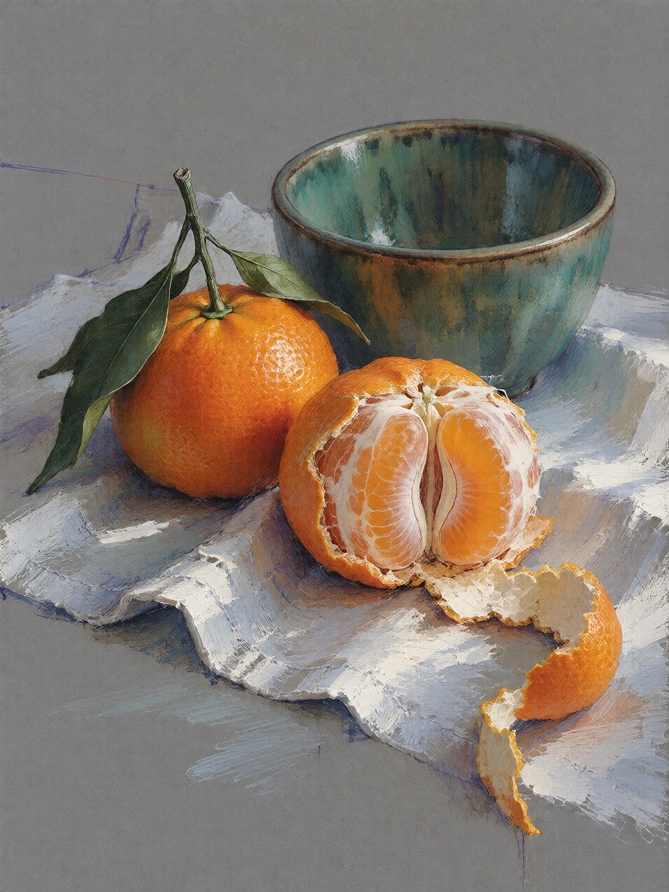 Two mandarins on a folded white linen cloth,  one partially peeled with its loose peel curling toward the edge of the tabl...