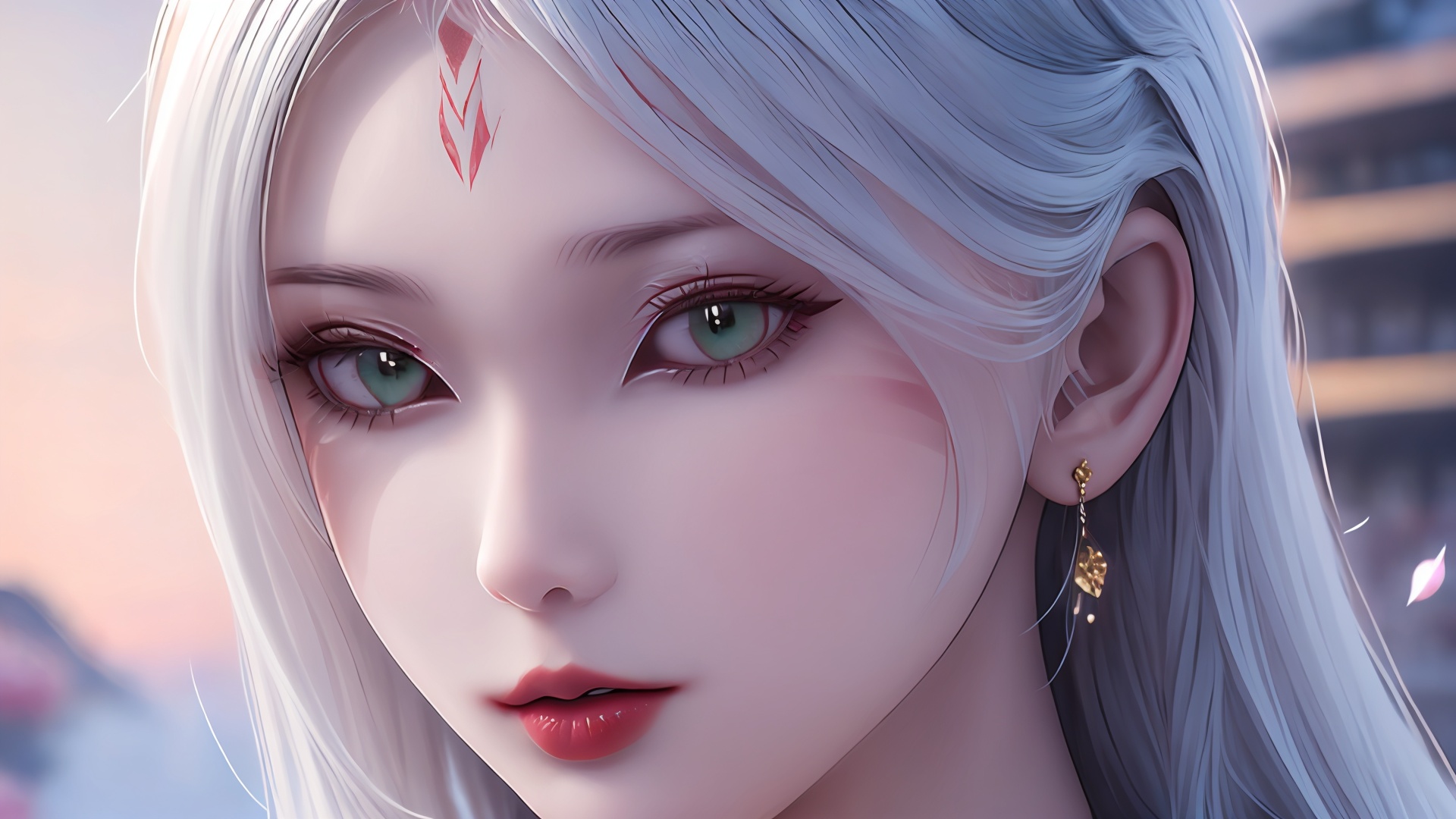 1girl,solo,green eyes,long hair,white hair,looking at viewer,facial mark,lips,blurry background,blurry,portrait,forehead mark,red lips,bare shoulders,closed mouth,makeup,<lora:girl xiaobai_20240912002955:0.8>,