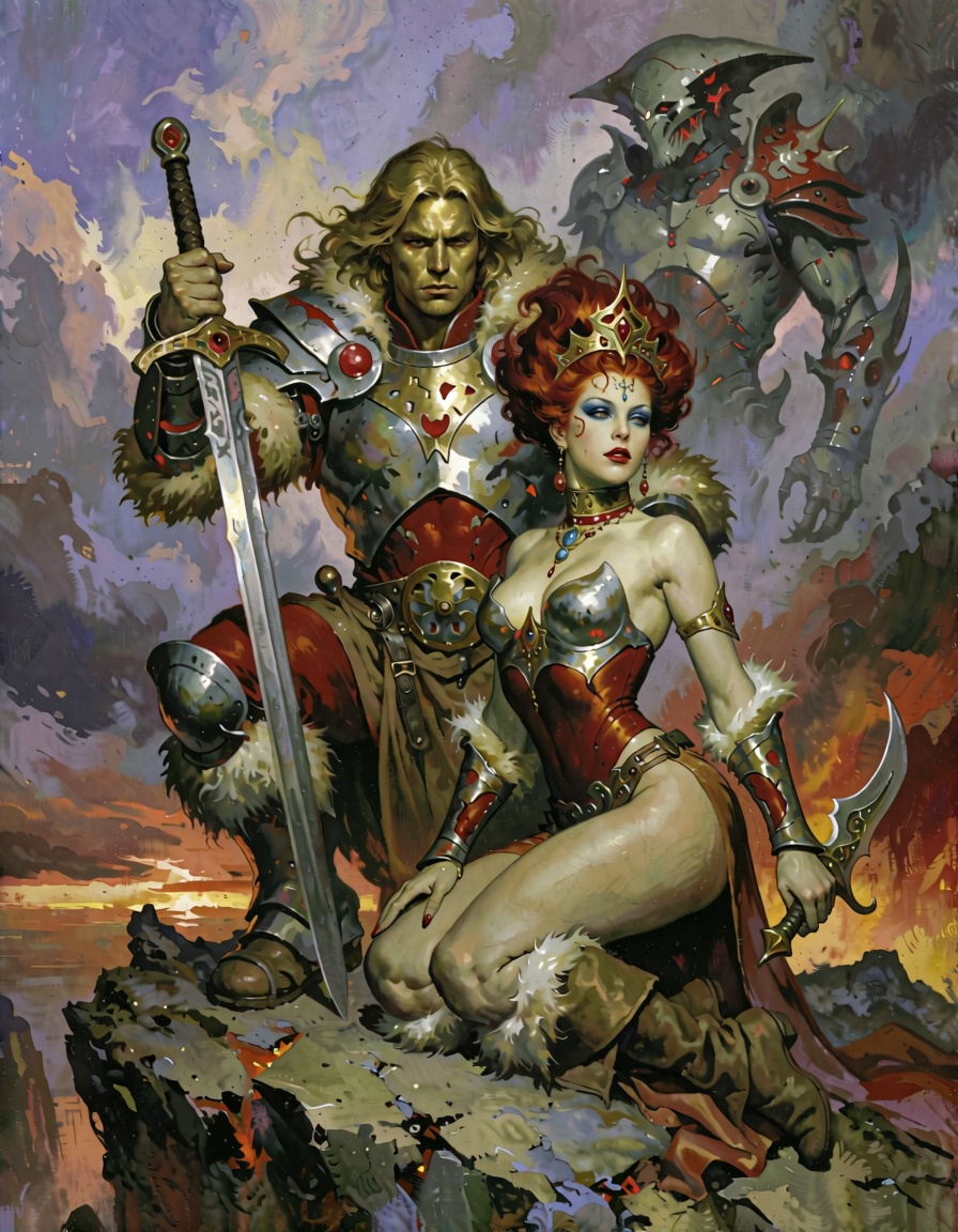 A cinematic masterpiece rendered with the raw power of Boris Vallejo’s sculpted musculature and Frank Frazetta’s mythic gr...