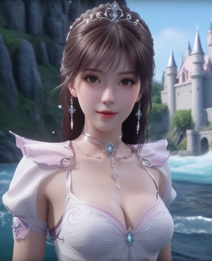 <lora:595-DA-XL-斗罗大陆-小舞-神界服装:0.8>(,1girl, ,best quality, ),looking at viewer,ultra detailed background,ultra detailed background,ultra realistic 8k cg, ,masterpiece, (( , )),     ,castle,     (hydrokinesis),  (cleavage), (), 
