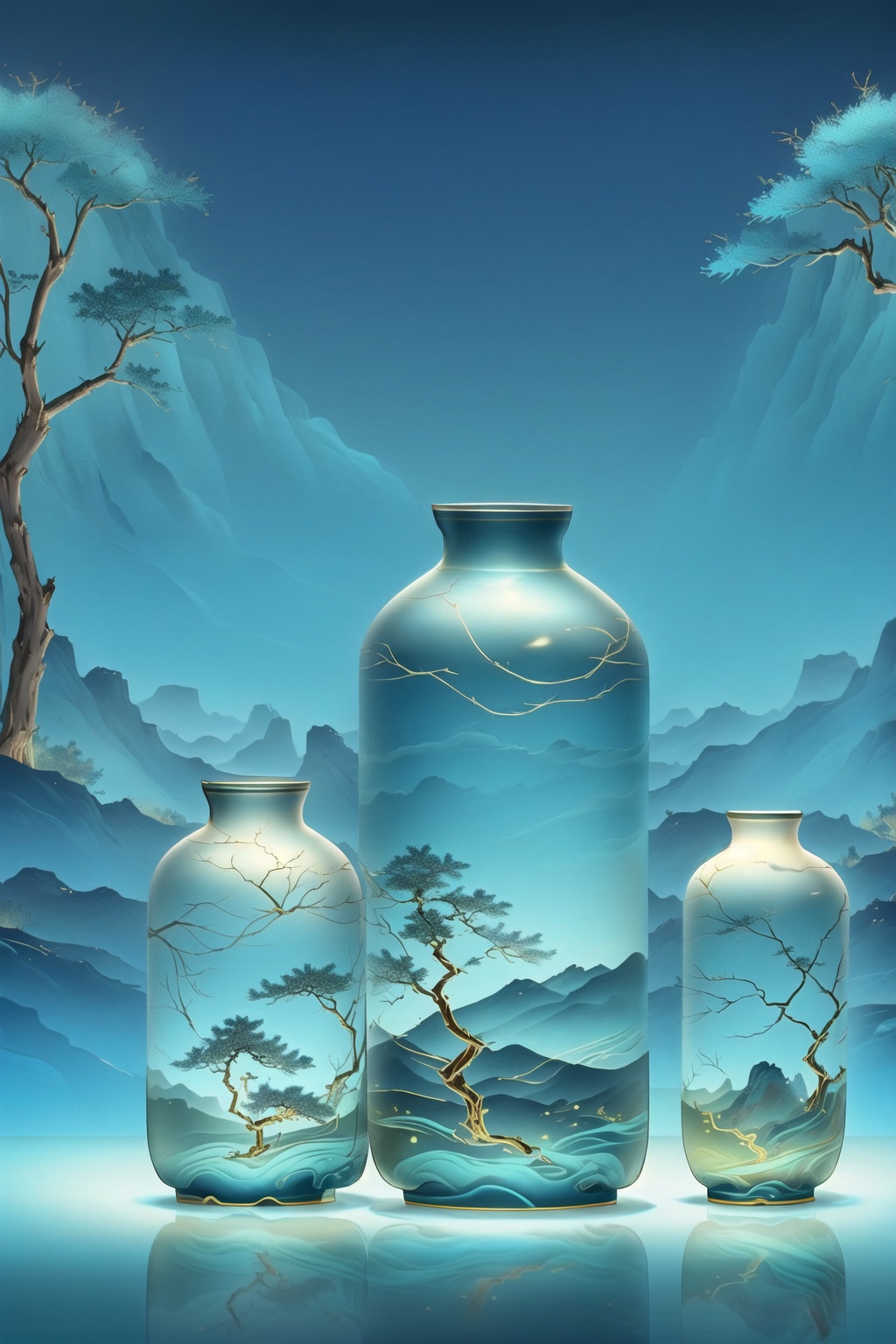 ycbh, no humans, scenery, tree, mountain, bottle, outdoors, sky, bare tree, Zen landscape, glowing lines, matte texture, light blue, light gold, bottle, transparency,<lora:ycbh4:0.8>,
