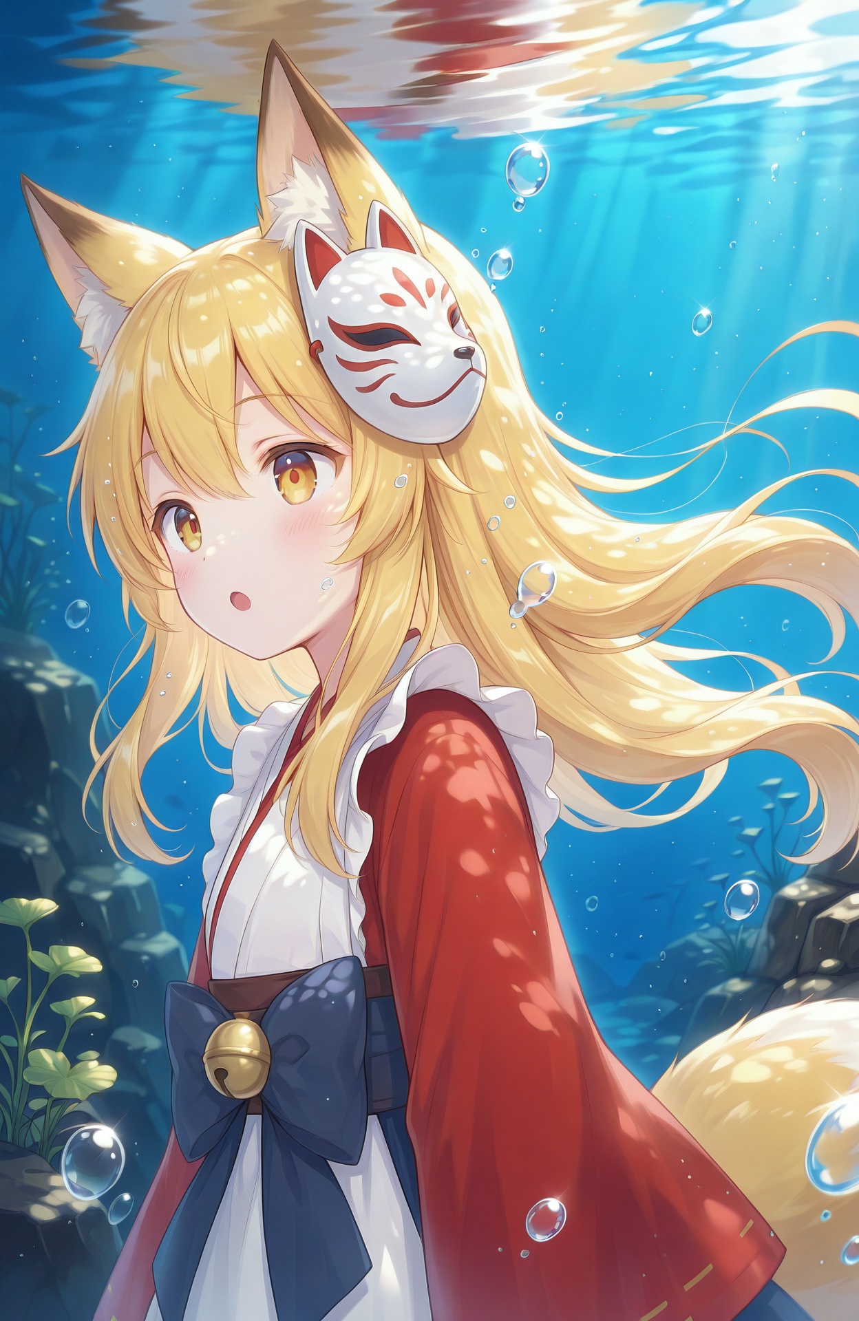 <lora:winefox_3:1>,winefox,masterpiece,best_quality,1girl,upper_body,underwater,bubbles,:o