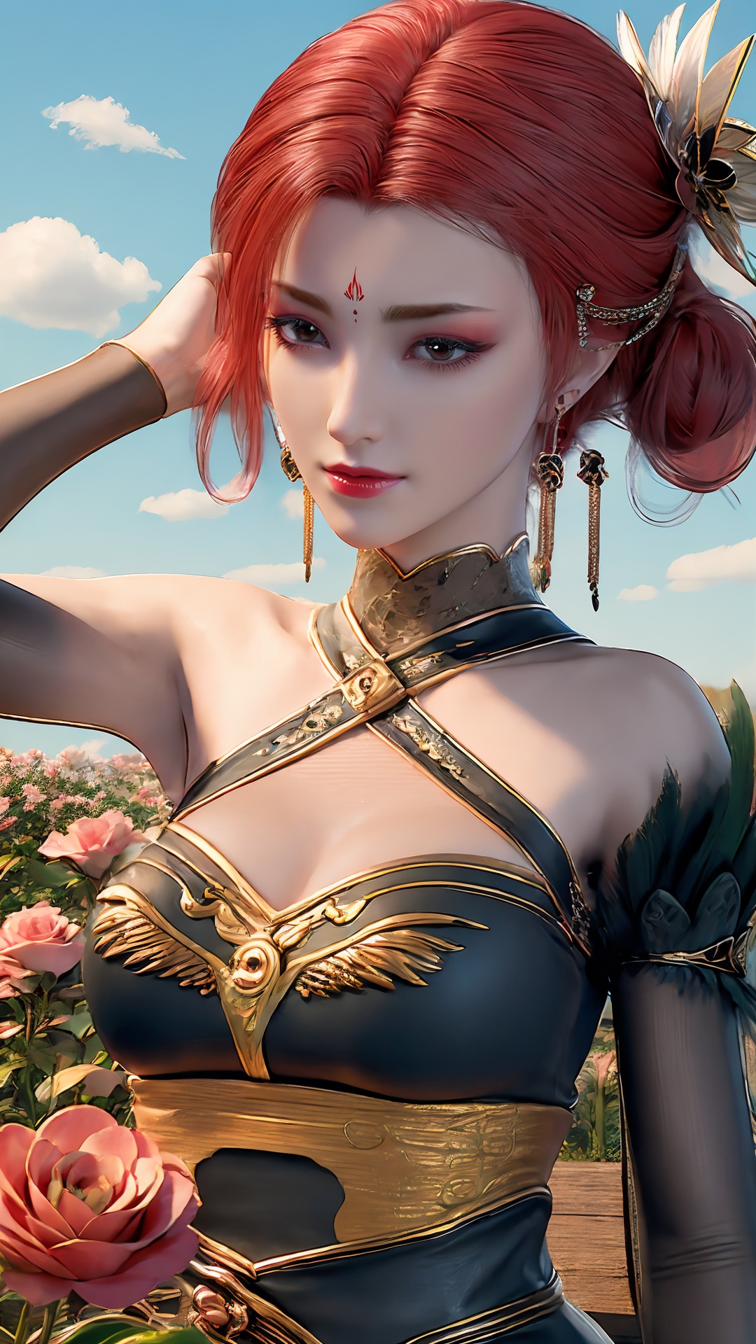 masterpiece,best quality,8K,CG,yf,1girl,solo,black qipao,shoulder sleeve separation,short hair,hair_ornament,jewelry,looking_at_viewer,earrings,flower field,sky,cloud,insect,pink rose,<lora:玫瑰花场景-王导:0.6>,flower field,tanono,peach_blossom,sky,jitome,looking_at_viewer,breasts,jewelry,(portrait:1.2),feathers,