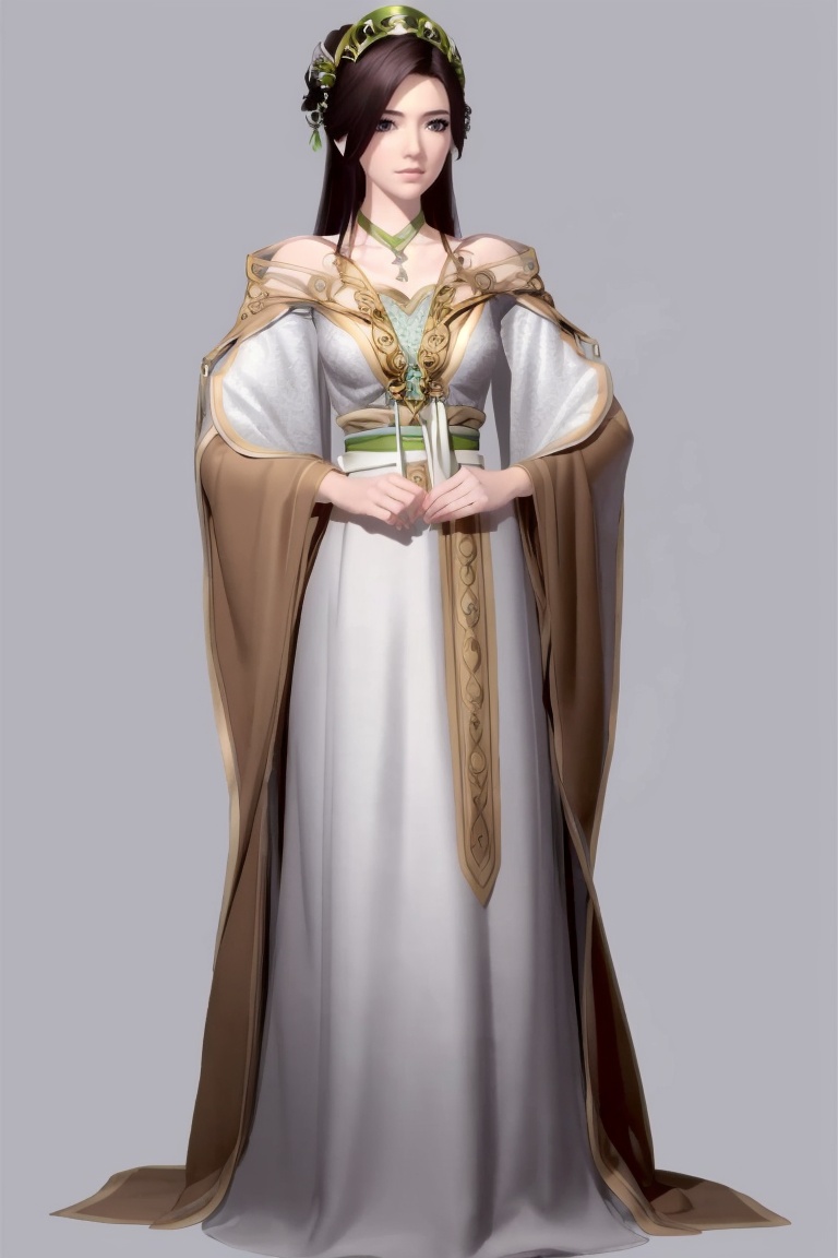 ((HRD, HUD, 8K)),((masterpiece, best quality)), highly detailed, soft light,1girl, solo, long hair, hair ornament, black hair, brown hair, brown eyes, lips,jewelry,dress, chinese clothes, bare shoulders, long sleeves, wide sleeves,simple background, grey background, full body, standing, looking at viewer,<lora:20240506-1714960445475:0.73>