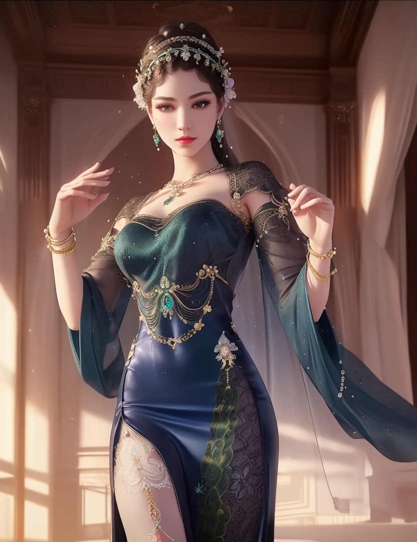 ultra realistic 8k cg, picture-perfect face, flawless, clean, masterpiece, professional artwork, famous artwork, cinematic lighting, cinematic bloom, perfect face, beautiful face, fantasy, dreamlike, unreal, science fiction,  beautiful clothes, lace, lace trim, lace-trimmed legwear,  (rich:1.4), prestige, luxury, jewelry, diamond, gold, pearl, gem, sapphire, ruby, emerald, intricate detail, delicate pattern, charming, alluring, seductive, erotic, enchanting, hair ornament, necklace, earrings, bracelet, armlet,halo((,1girl, pov,))(((,  1girl,  solo,looking at viewer, ))),(((1girl, solo, dress, jewelry)))<lora:DA_WhiteSnakeGreenSnake:0.8>