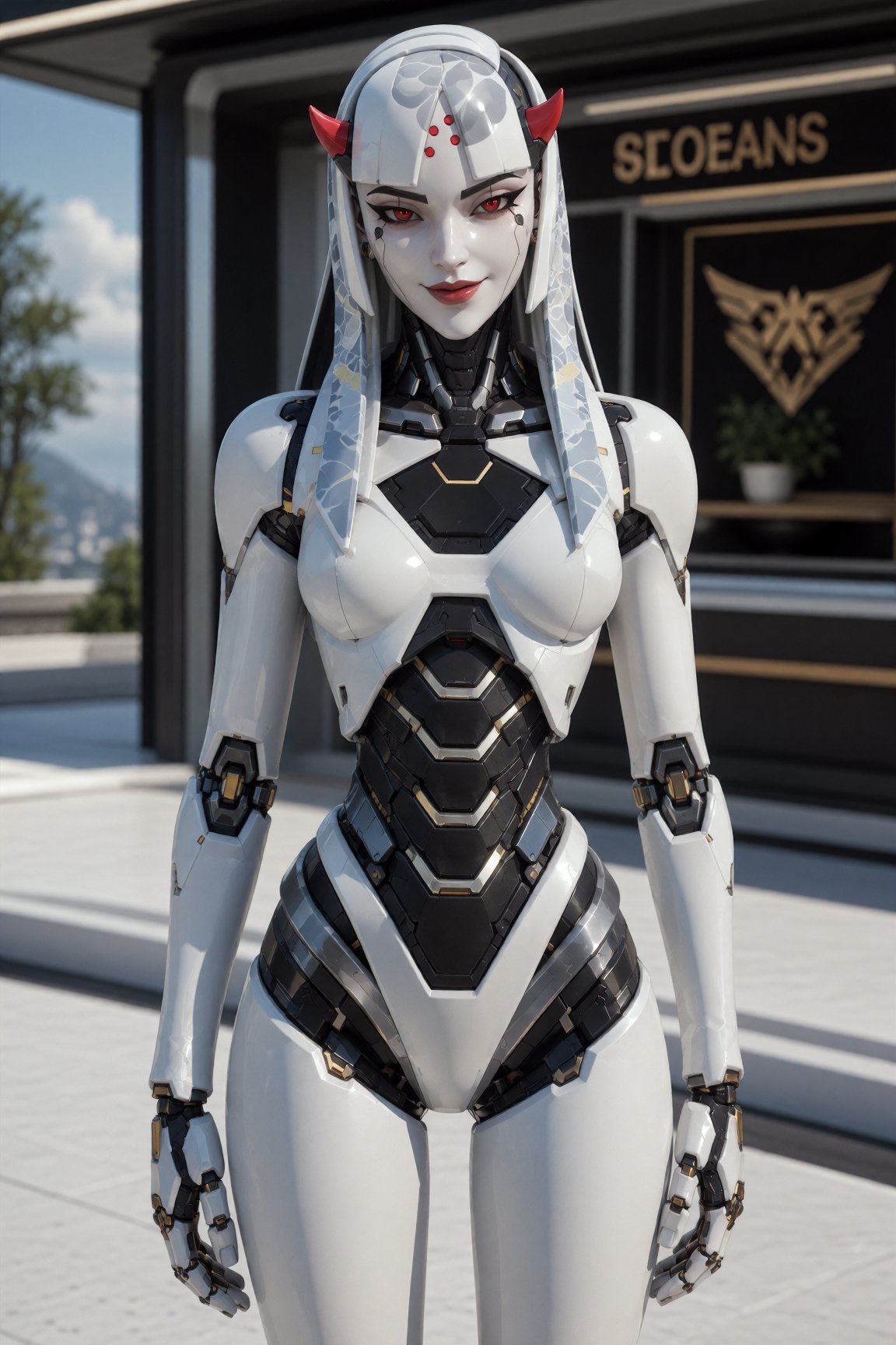 Photo,  smug,  looking at camera.Robot cybernetics body. Narrow waist on Tensor.Art