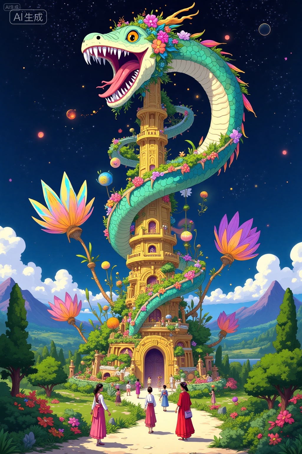 This is a vibrant digital illustration in a surreal,fantasy style. The centerpiece is a towering,serpentine creature with a large,open mouth full of sharp teeth,adorned with colorful scales and flowers. It coils around a whimsical,golden tower with ornate details and multiple levels. The tower is surrounded by giant,multicolored,petal-like structures and smaller,balloon-like orbs. In the foreground,several people in elaborate,traditional clothing stand on a path lined with lush greenery and trees. The background features a starry night sky with a few scattered clouds and distant,majestic mountains. The overall composition is rich in color and texture,blending fantasy elements with a surreal,dreamlike atmosphere.,, Negative prompt: ng_deepnegative_v1_75t,(badhandv4:1.2),EasyNegative,(worst quality:2),,nsfw, Steps: 20, Sampler: Euler, CFG scale: 3.5, Seed: 1537162405, Size: 1024x1536, Model hash: 8cba4f1ef4, Model: F.1基础算法模型-哩布在线可运行_F.1-dev-fp8.safetensors, Denoising strength: 0, RNG: CPU, Lora 1: 56756879, Lora Hash 1: 6dc067ab07, Lora Weight 1: 0.8, vae_name: automatic