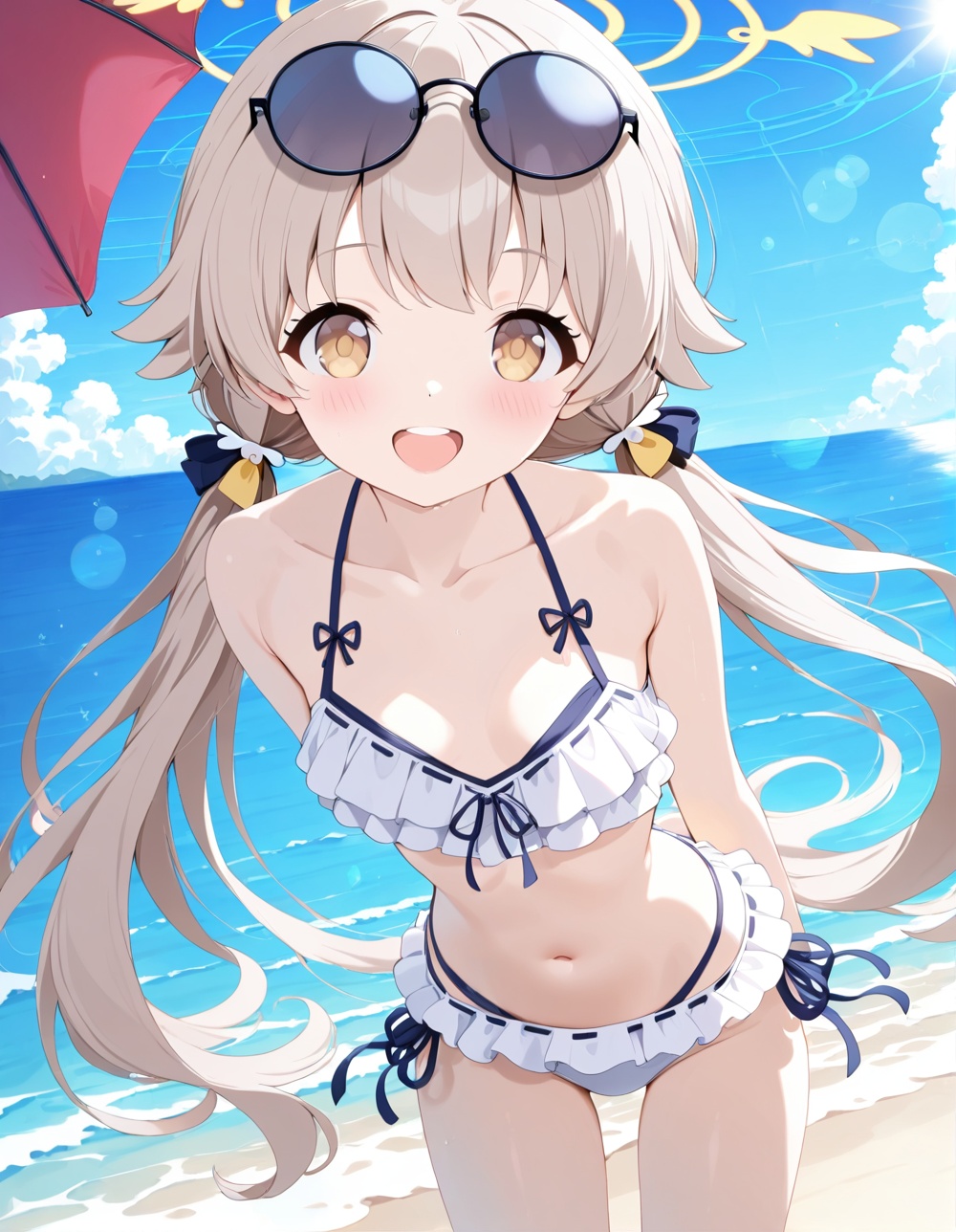 1girl, swimsuit, hifumi (blue archive), bikini, white bikini, frilled bikini, navel, eyewear on head, frills, outdoors, long hair, twintails, sunglasses, halo, day, stomach, looking at viewer, beach, collarbone, smile, open mouth, low twintails, bare shoulders, yellow eyes, arms behind back, sky, breasts, ocean, solo, halterneck, cloud, light brown hair, small breasts, ribbon trim, bangs, blush, blue sky, standing, sand, brown eyes, upper teeth only, teeth, :d, brown hair, water, round eyewear, cowboy shot, starfish, thighs, very long hair