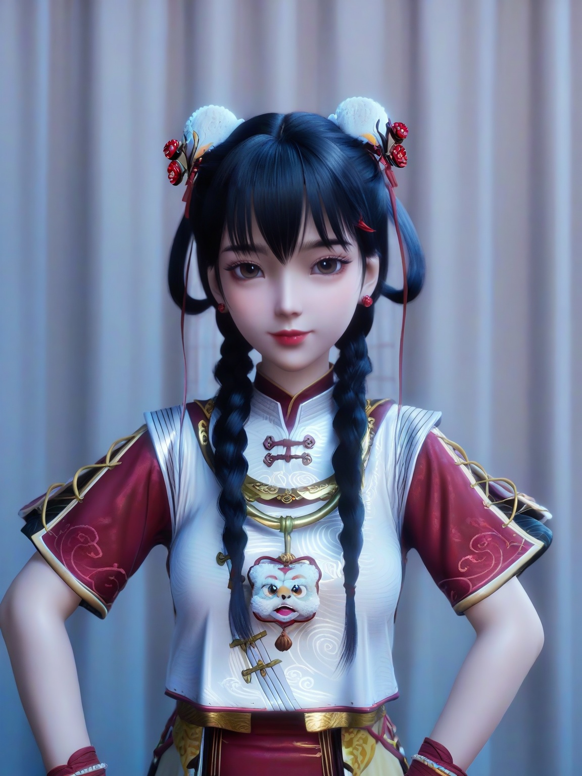 score_9,1girl,solo,standing,twin braids,bangs,hair ornament,brown eyes,earrings,chinese clothes,dress,breasts,black hair,double bun,lipstick,short sleeves,skirt,looking at viewer,upper body,<lora:SF_JiYuanBao_Pony_Realism2.3-000004:0.72>,