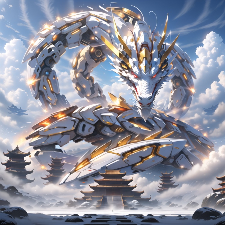 <lora:mecha_loong_v2:0.6>,a mecha dragon,8k,High quality,high quality,morning sunshine,glowing body,mechanical joint,orange led light,high detailed mecha,high-precision mecha,mecha,exoskeleton mechanical armor,red eyes,outdoors,horns,sky,growing joint,day,cloud,blue sky,no humans,glowing,cloudy sky,scenery,eastern dragon,pagoda,building,flying,jet device,high detailed,white mecha,HD,black joint,