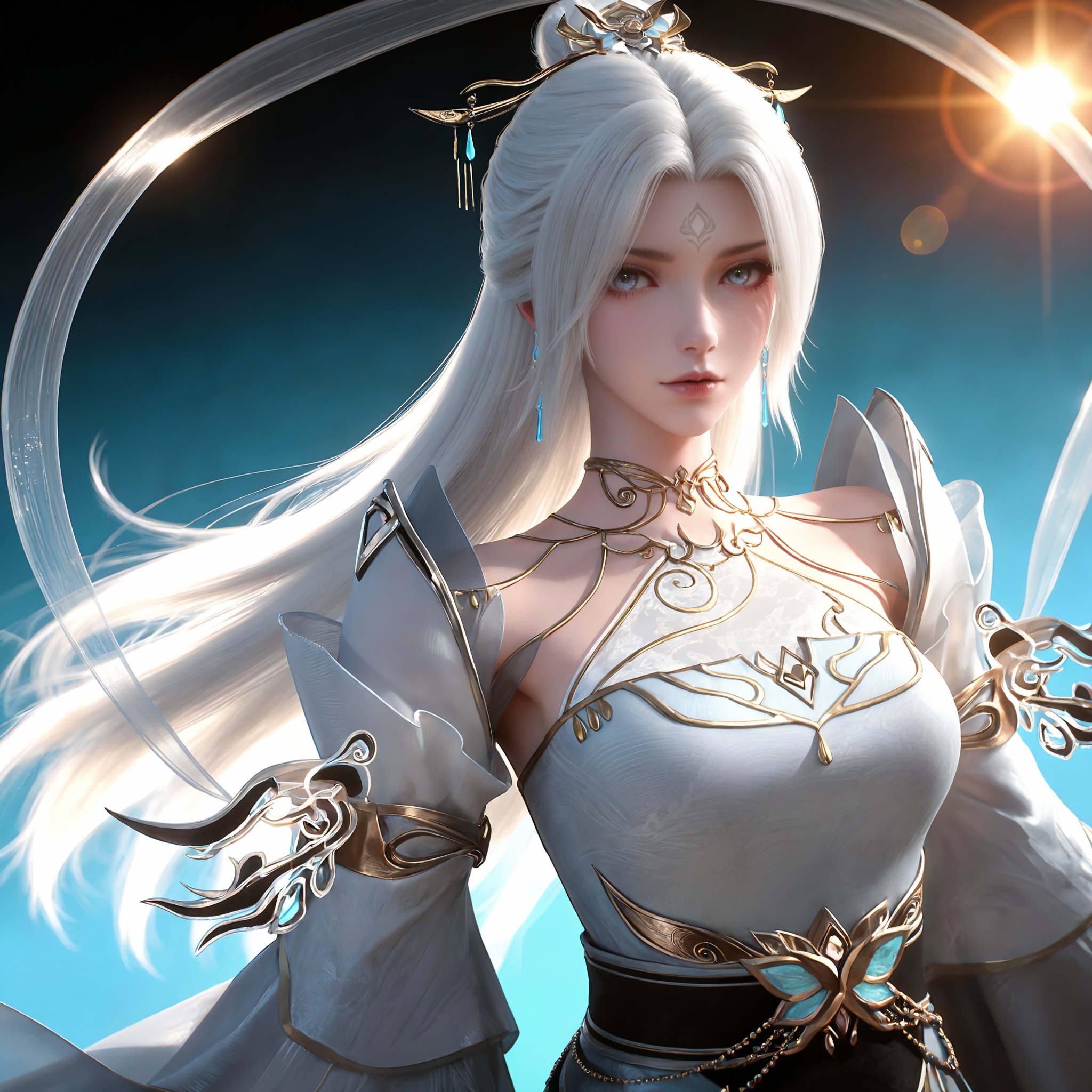 <lora:神墓3-澹台派掌门IL:0.7> 1girl, long hair, white hair, hair ornament,  hair bun,forehead mark, white dress, chinese clothes, detached sleeves, sash, high heels,, realistic style photo,outstanding style,Use soft lighting to cast gentle shadows on the subject,adding a touch of dimension to your images without compromising details,whirls of vapor,(Anime:1.1),soft neon light,ethereal ambiance,delicate details,magical atmosphere,concept art,highly detailed,ultra-high resolution,32K UHD,sharp focus,best-quality,masterpiece,golden hour,unconventional supreme masterpiece,masterful details,temperate atmosphere,with a high-end texture,in the style of fashion photography,magazine style,Dynamic Angle,Dynamic posture,magazine style,Dynamic Angle,Dynamic posture,(cowboy_shot:1.2),eye trail,depth of field,cinematic lighting,lens flare,close-up,extreme aesthetic,(wlop:0.6),(honjou raita,lack,rella,wanke:0.5),masterpiece,best quality,good quality,newest,year 2025,very aesthetic,absurdres,Visual impact,A shot with tension,ultra-high resolution,32K UHD,sharp focus,best-quality,masterpiece,Emotionalization,unconventional supreme masterpiece,masterful details,temperate atmosphere,with a high-end texture,in the style of fashion photography,(Visual impact:1.2),giving the poster a dynamic and visually striking appearance,, solo,upper body,looking at viewer,gradient background,gradient,blue background,black background,