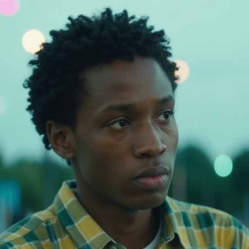 tightly curled hair is wearing a green and yellow plaid shirt. He is looking to his right with a serious expression. His l...