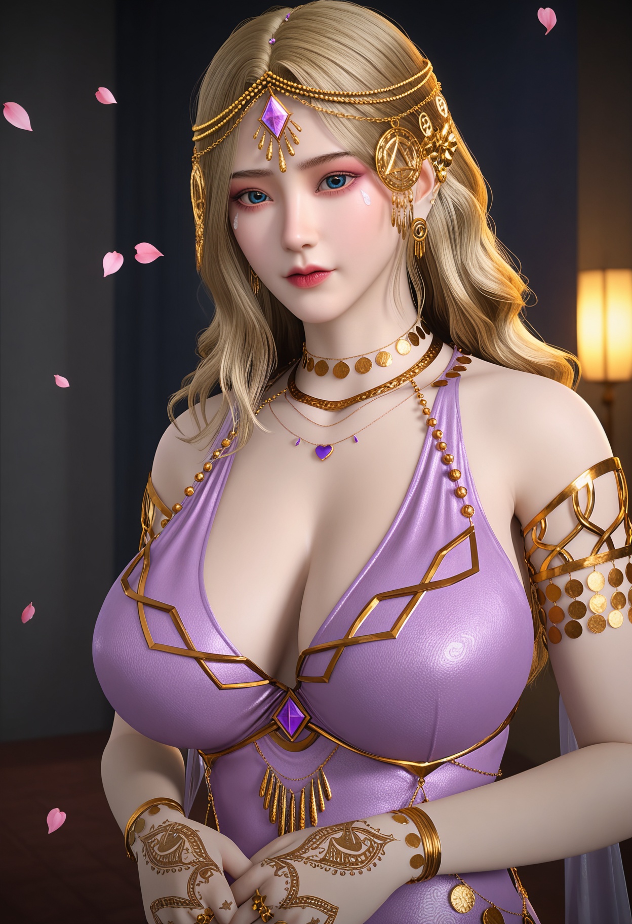 (gigantic breasts:0.8),(Perky boobs:1.3),(upper_body:1.2),(looking at viewer:1.1),facing viewer,direct gaze,(masterpiece:1.1),(best quality:1.2),(intricate details),(smog:1.3),(Dark room:1.3),(dim lighting:1.3),peach blossom,falling petals,<lora:YQ_Illustrious光辉v5_卡丹_V1:0.8>,1girl,q1528437228,solo,jewelry,blonde hair,long hair,necklace,armlet,gem,hair ornament,circlet,earrings,bracelet,brown hair,ring,head chain,high heels,masterpiece,(best quality),(intricate details:0.9) BREAK (intricate details:0.9),(realistic skin:1.2),masterpiece,best quality,newest,absurdres,hiahres,