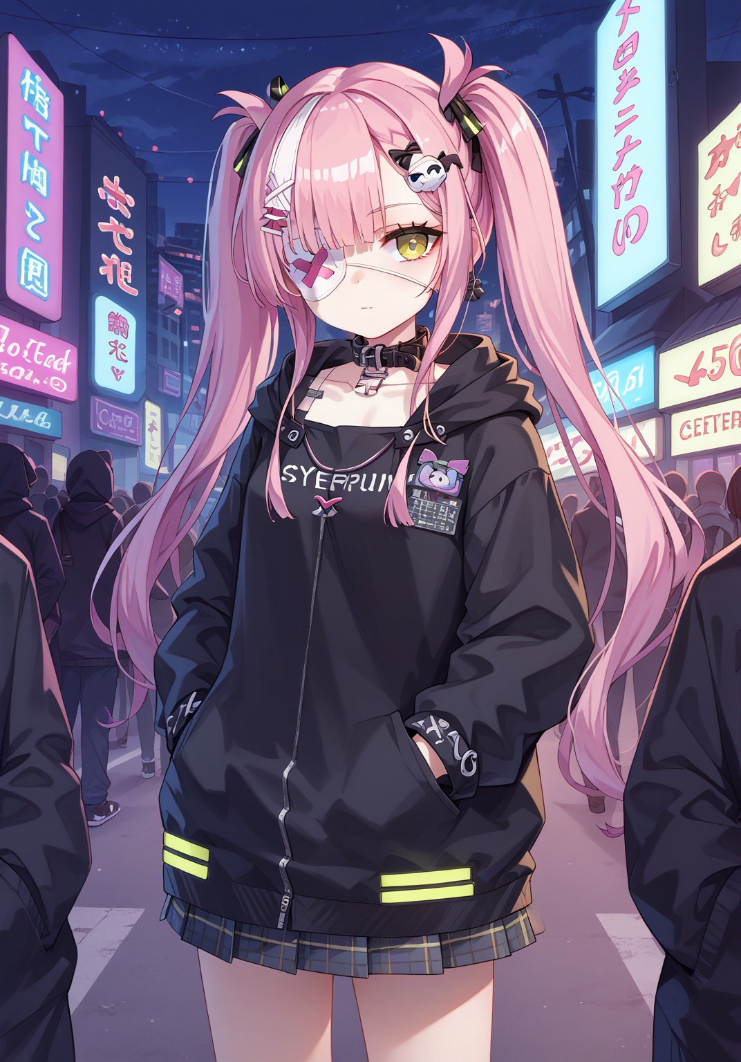 <lora:z47_pony_v1.0:0.7>,z47_\(azur_lane\),twintails, hair_ornament,yellow eyes, pink_hair, eyepatch, black hoodie,plaid skirt,animal collar,hood down,collarbone,night,cyberpunk,crowd, street,solo,neon billboard,hands in pockets,, score_9, score_8_up, score_7_up, source_anime,