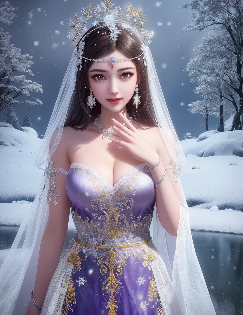 ultra realistic 8k cg, flawless, clean, masterpiece, professional artwork, famous artwork, cinematic lighting, cinematic bloom, perfect face, beautiful face, fantasy, dreamlike, unreal, science fiction,   lace, lace trim, lace-trimmed legwear, luxury, jewelry, diamond, gold, pearl, gem, sapphire, ruby, emerald, intricate detail, delicate pattern, charming, alluring, seductive, erotic, enchanting, hair ornament, necklace, earrings, bracelet, armlet,halo,autumn,((,1girl, pov,best quality, ))  , ((((1girl, solo,outdoors, large breasts,,snowflakes,  snow, snowing,   ))))    <lora:DA_BaiCai:0.7>