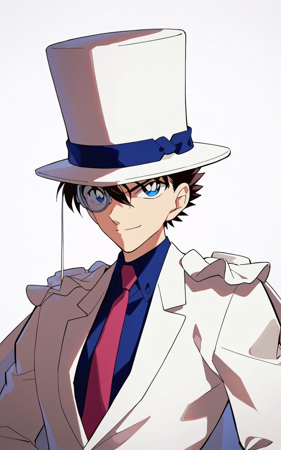 8k, best quality, masterpiece, (ultra-detailed), smile, (standing, medium shot, looking at viewer, white background, clean background:1.5), (pseudo-impasto:0.7), (by ask:0.5), (by rella:0.3), (by mochizukikei:0.3), high resolution, intricate details, solo, close up shot, upper body, <lora:gdkidre-neta-Tanger-000013:0.7>, monocle, gdkit, qinshan artstyle, conan style eyes, 1boy, solo, male focus, cape, hat, top hat, gloves, brown hair, blue eyes, 