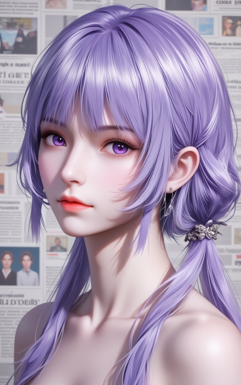<lora:白沉香·百搭款5:1.2>,baichenxiang,1girl,twintails,purple hair,low twintails,hair tubes,hair ornament,purple eyes,braid,cover,gradient background,close-up details,outstanding style,adding a touch of dimension to your images without compromising details,close-up,<lora:DJ滤镜_2.5D版:0.4>,lvjing,<lora:油画唯美滤镜15:0.2>,baoshi,<lora:报纸背景·5:0.6>,baozhi,paper,newspaper,the newspaper wall,newspaper background,