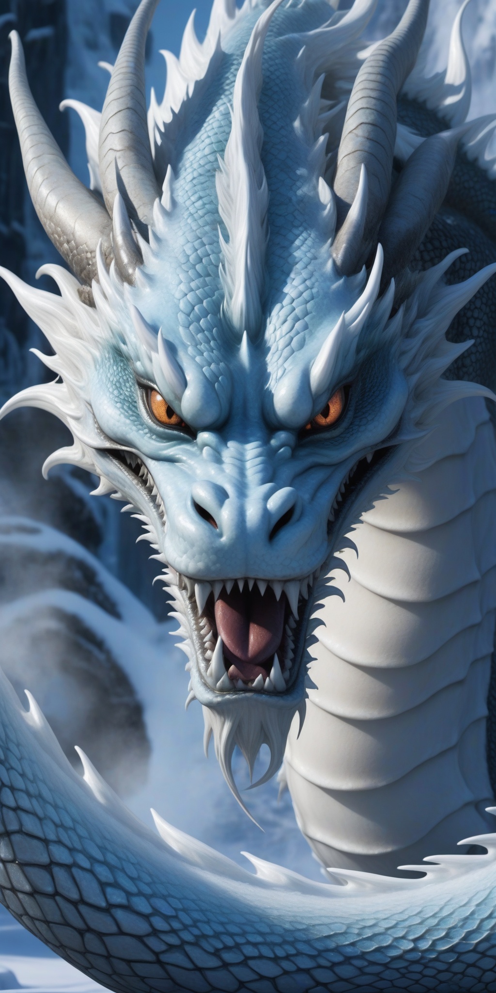black border,(white ice eastern chinese dragon),head protruding border （spitting out steam:1.2),(eyes closely attached to the screen:1.2),huge chinese  eastern ice dragon face occupying full screen （spitting out steam:1.2),epic scenes,