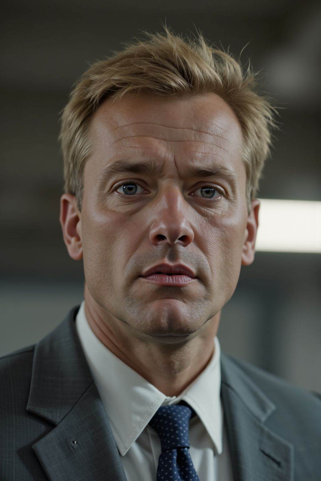 HDR photo of cinematic film still, This is a photo of a man with short blond hair. He is wearing a gray suit, with his mouth closed, looking at the viewer.