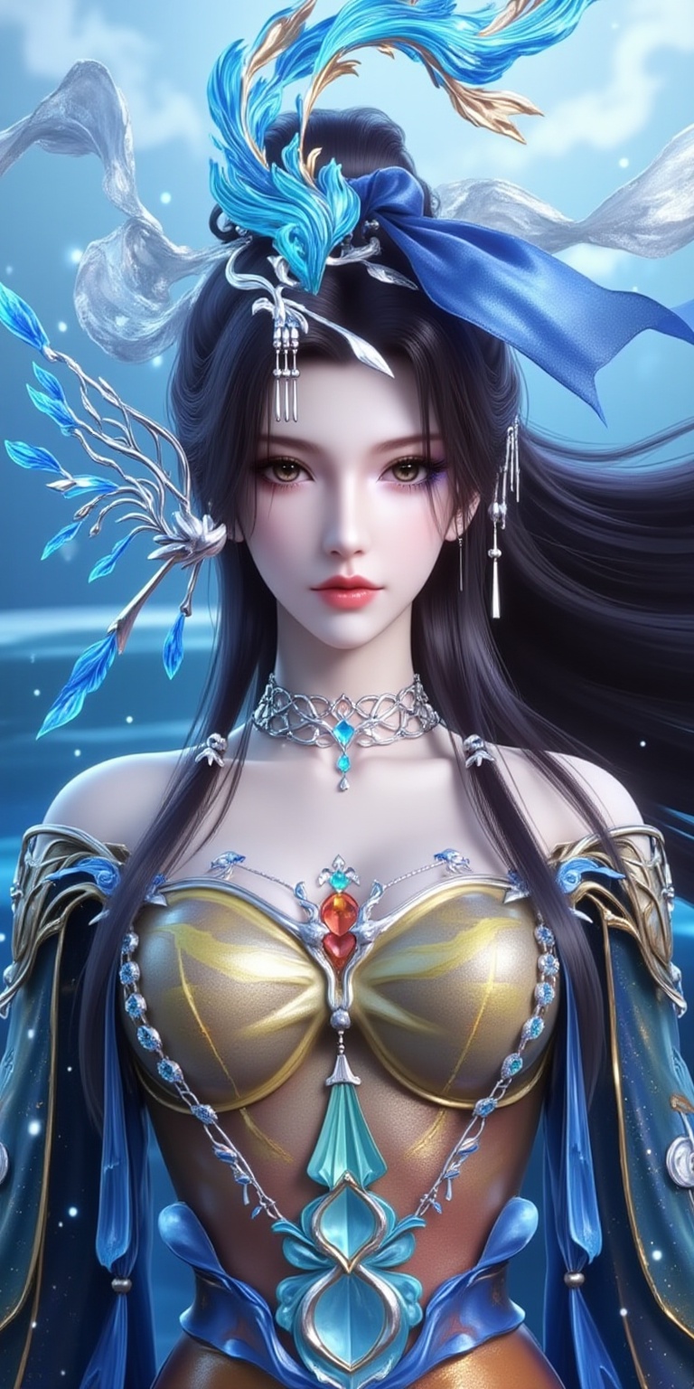 <lora:云望舒·8:1.1>,yunwangshu,1girl,sword,weapon,solo,long hair,holding sword,water,upper body,holding weapon,dress,holding,hair ornament,hair bun,forehead mark,facial mark,jewelry,brown hair,closed mouth,blue dress,black hair,chinese clothes,cover,gradient background,close-up details,outstanding style,adding a touch of dimension to your images without compromising details,close-up,<lora:DJ滤镜_2.5D版:0.3>,lvjing,<lora:油画唯美滤镜15:0.2>,baoshi,